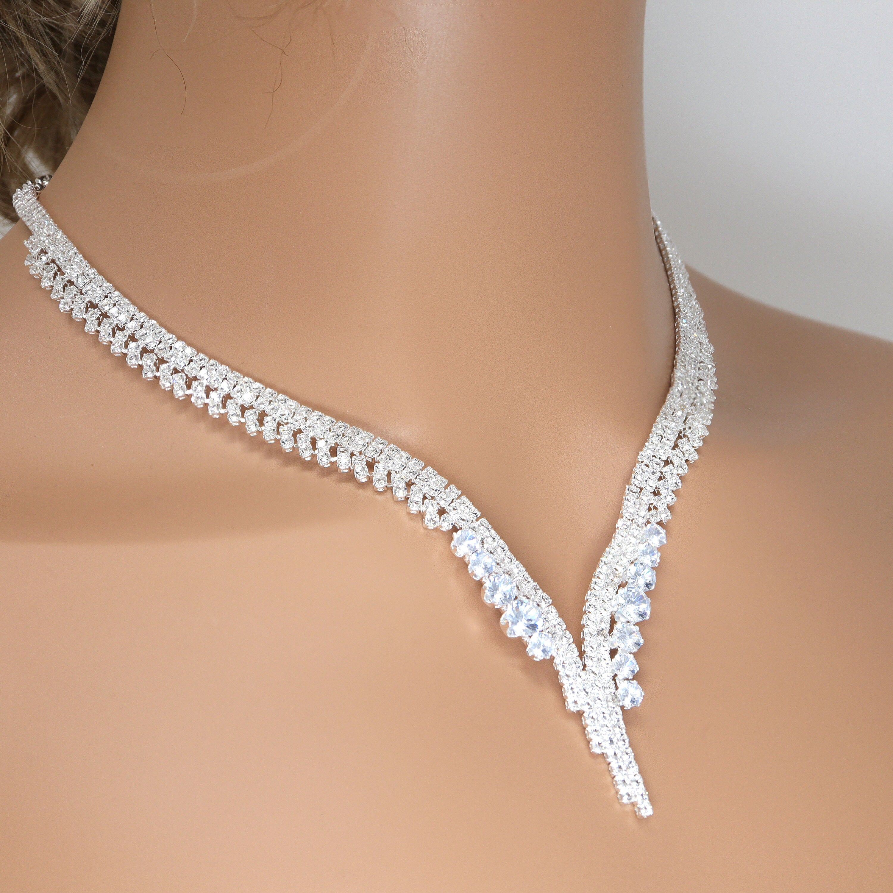Swarovski Crystal Silver V-Shaped Leaves Droplets Diamond/Crystal Necklace Set, Bridal Necklace Set, Bridal Jewelry, Statement Necklace