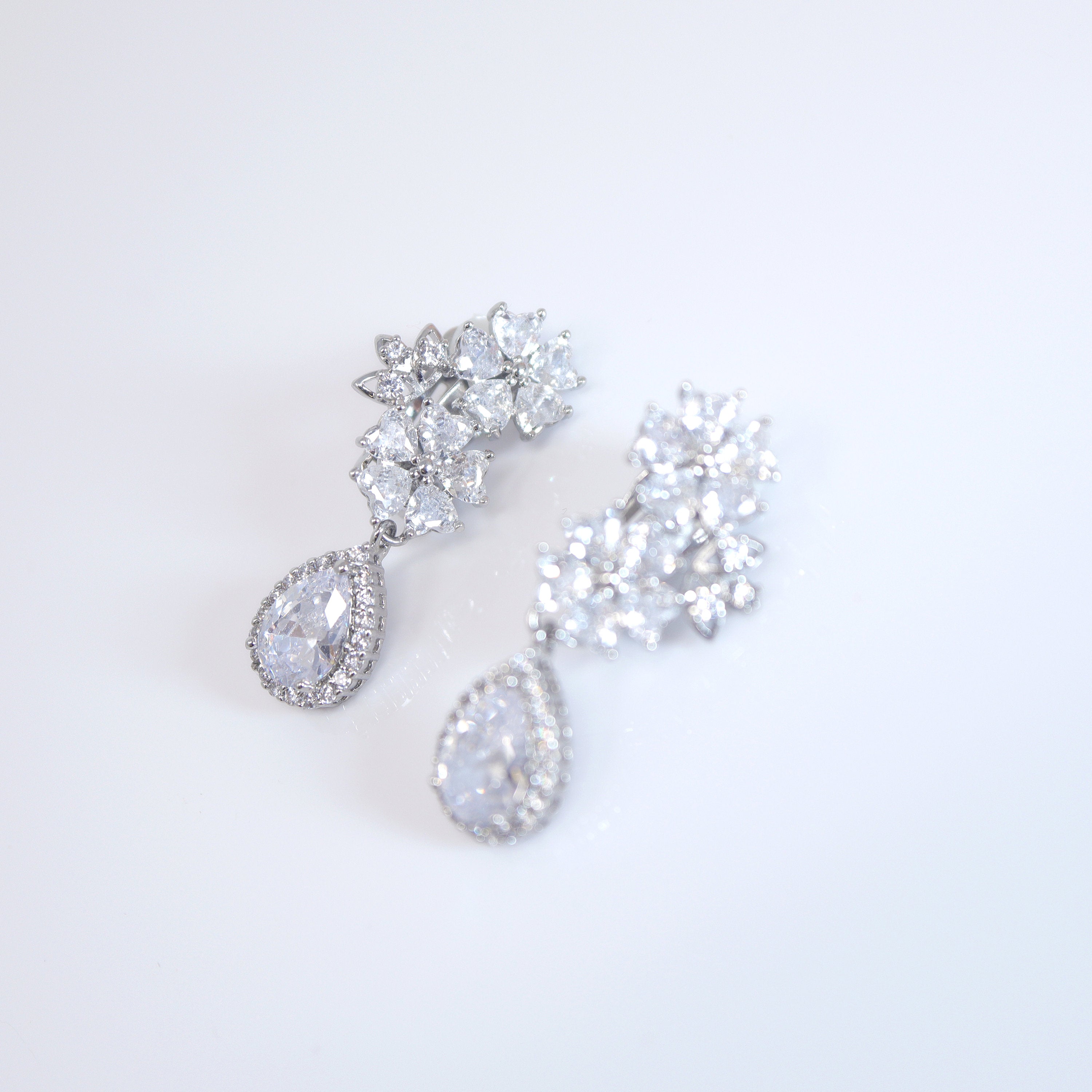 Opulent Flower Garden: Swarovski Crystal Bridal Clip On Drop Earrings with Diamond Details, Crystal Bridal Earrings, Statement Earrings Cz