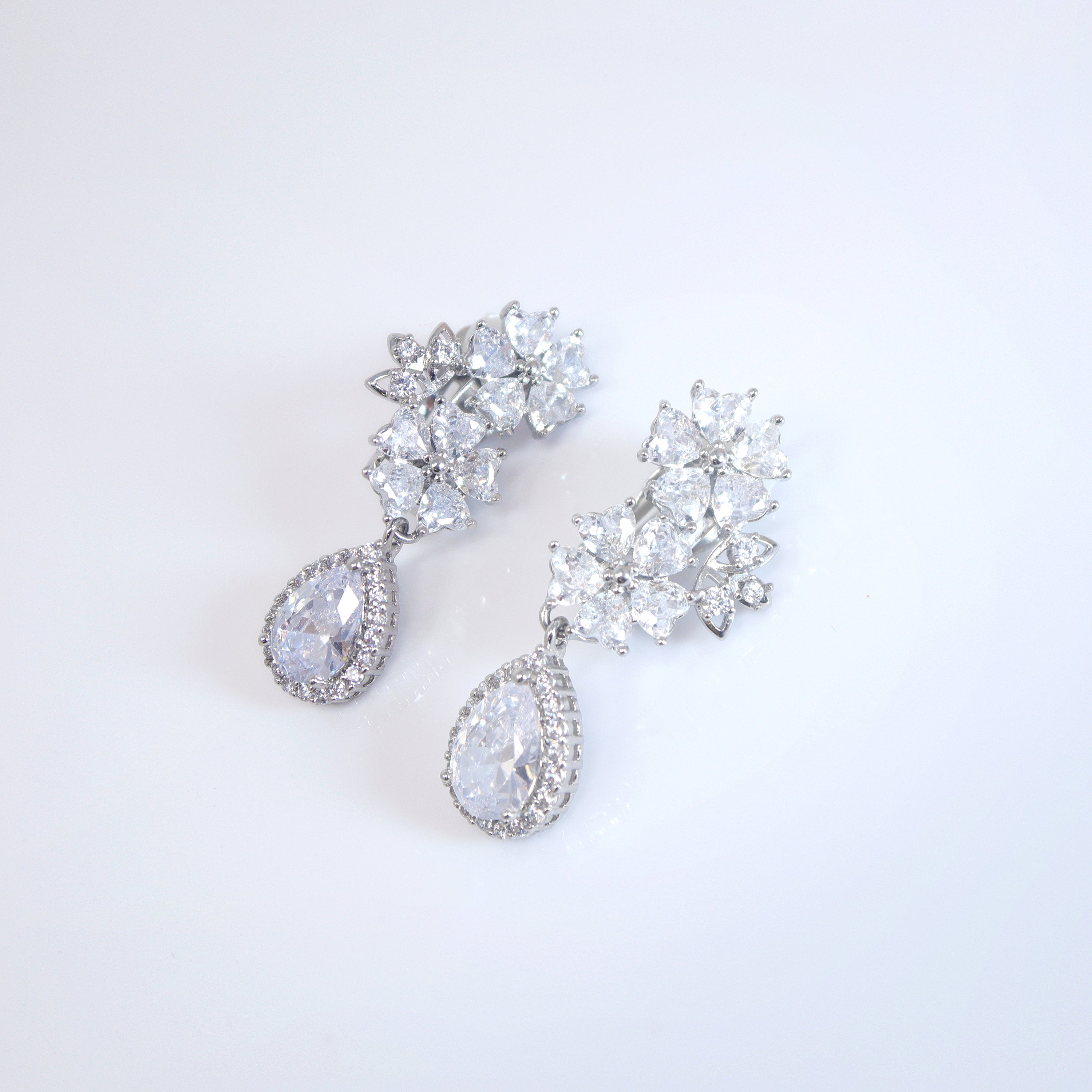 Opulent Flower Garden: Swarovski Crystal Bridal Clip On Drop Earrings with Diamond Details, Crystal Bridal Earrings, Statement Earrings Cz