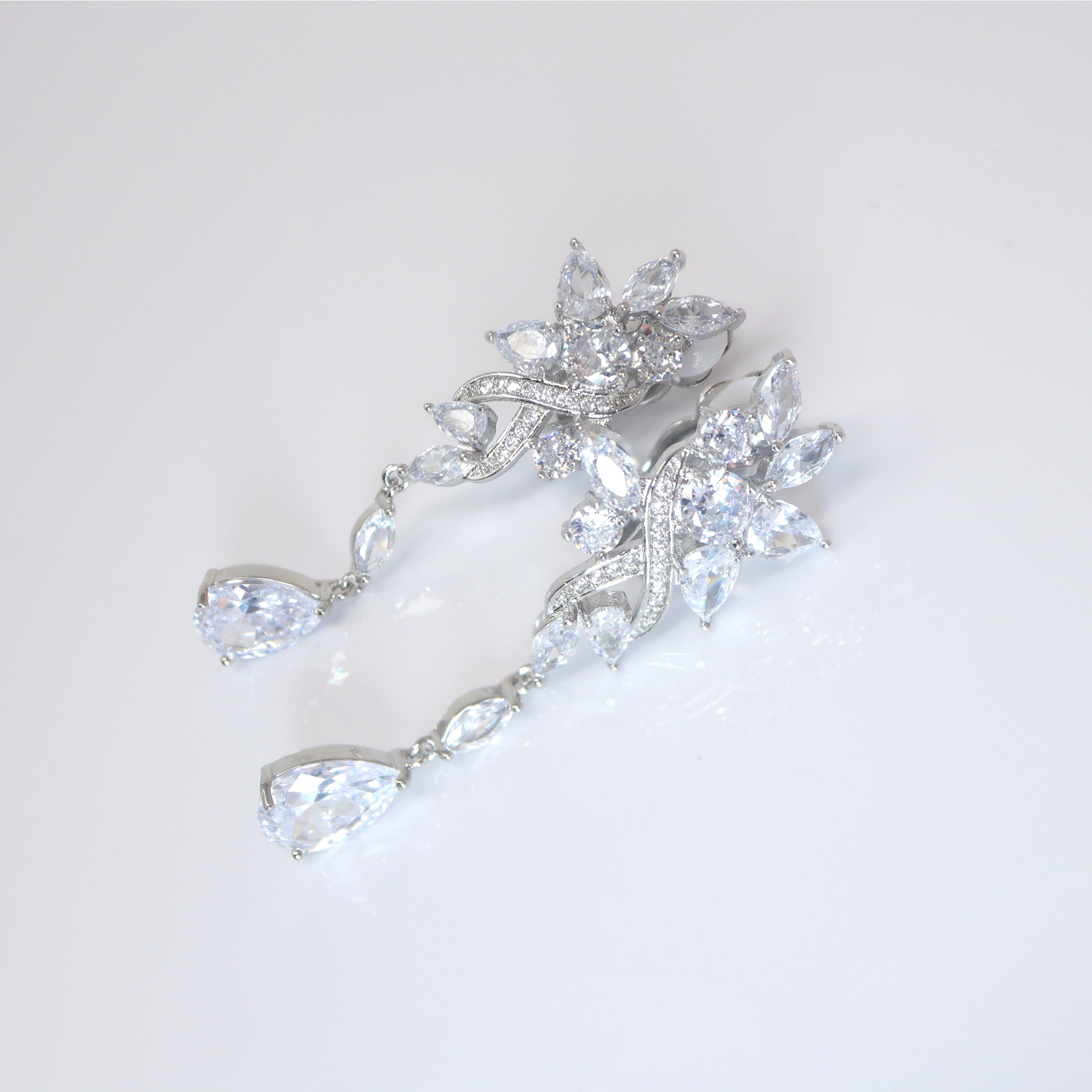 Swarovski Whimsical Garden Blooms: Clip-On Floral Earrings with Swinging Drops, Crystal Bridal Earrings, Statement Earrings Cz