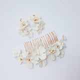 Ceramic White flower Flowers Pearl Jewelry Set, Bridal Hair piece, Bridal Hair Accessories, Wedding Hair Accessory.
