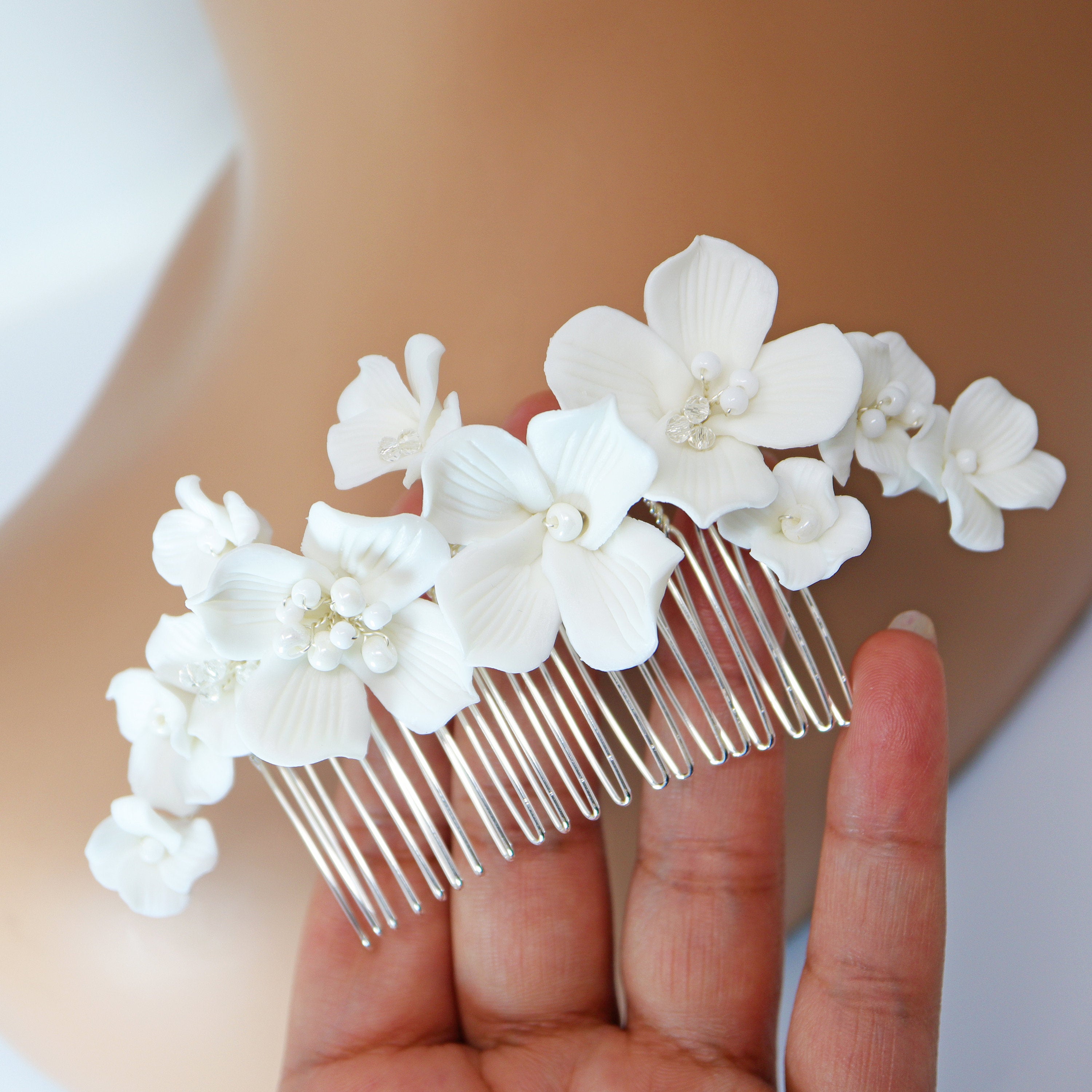 Ceramic White flower Flowers Pearl Jewelry Set, Bridal Hair piece, Bridal Hair Accessories, Wedding Hair Accessory.