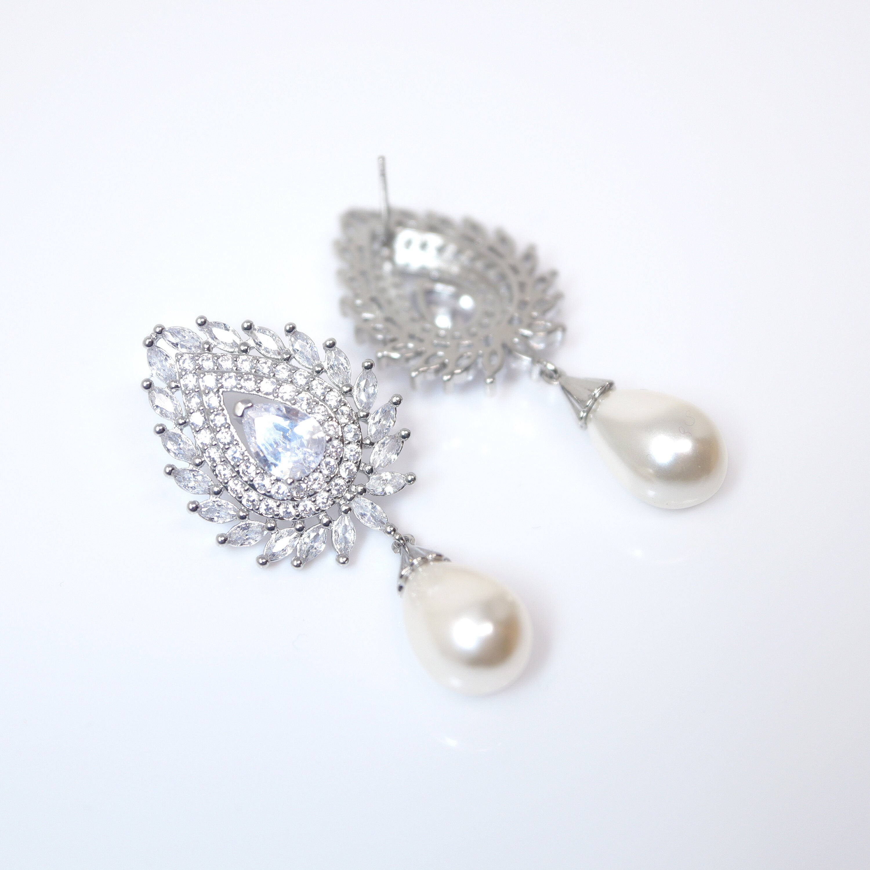 Sparkling Vine Serenade: Swarovski Crystal-Encrusted Pearl Drop Bridal Earrings, Crystal Bridal Earrings, Statement Earrings Cz