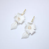 Freshwater Cultured Pearl Ceramic White Flower Hook Rhinestone Earrings, Long Bridal Earring, Pearl Bridal Earrings, Statement Earrings.
