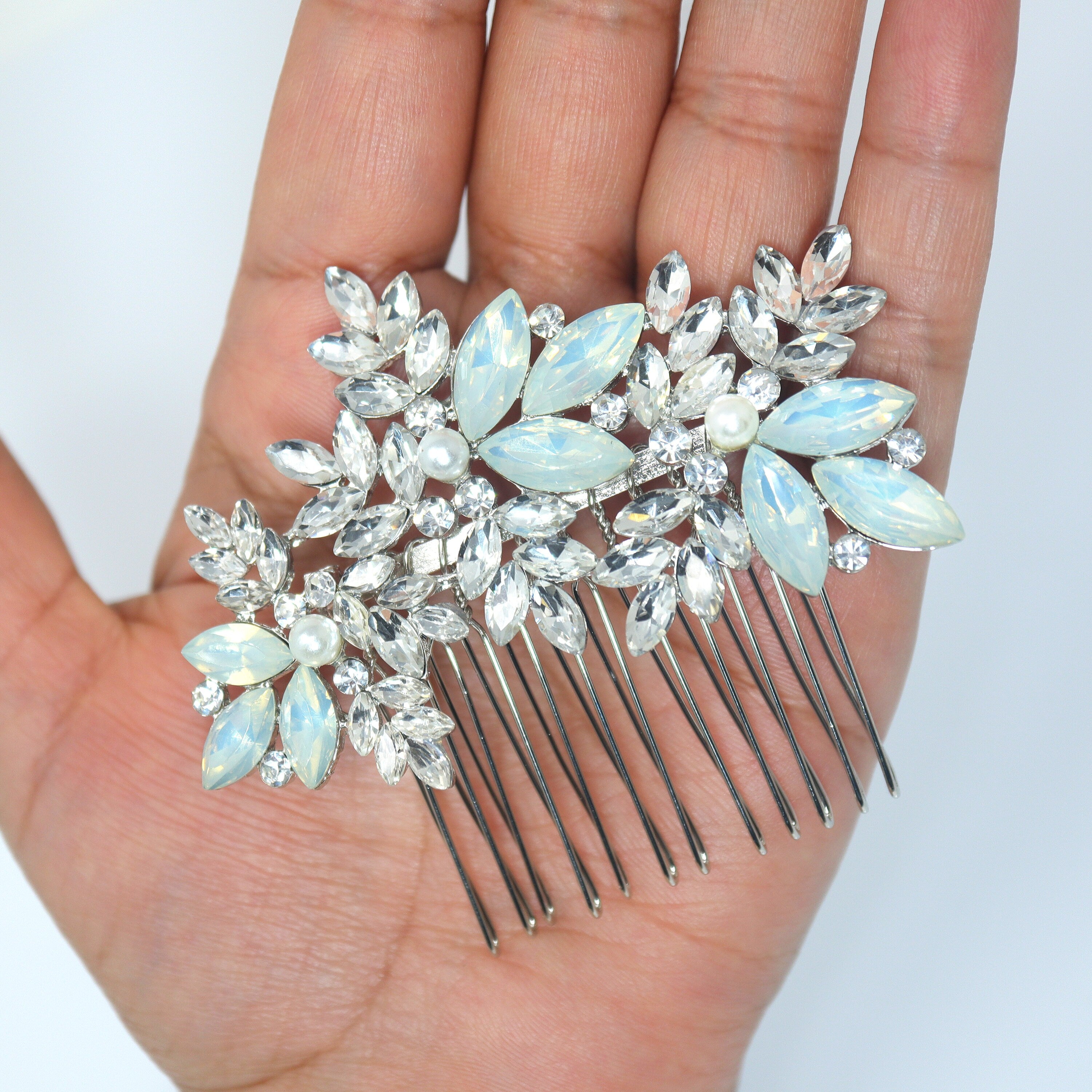 Icy Blue Floral and Opal Leaf Hair Comb, Bridal Haircomb, Statement Haircomb,