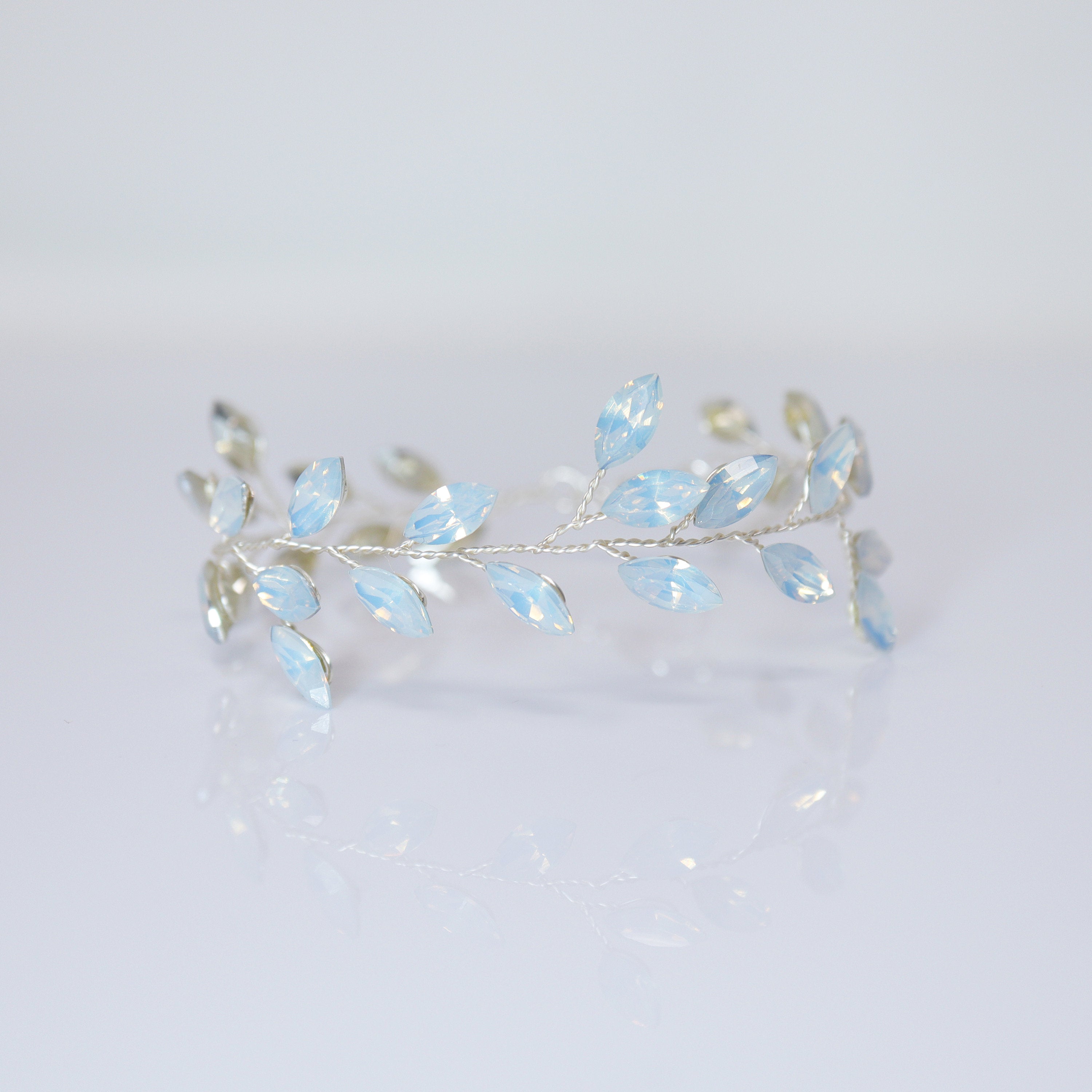 Icy Blue Floral and Opal Leaf Hair Comb, Bridal Haircomb, Statement Haircomb,
