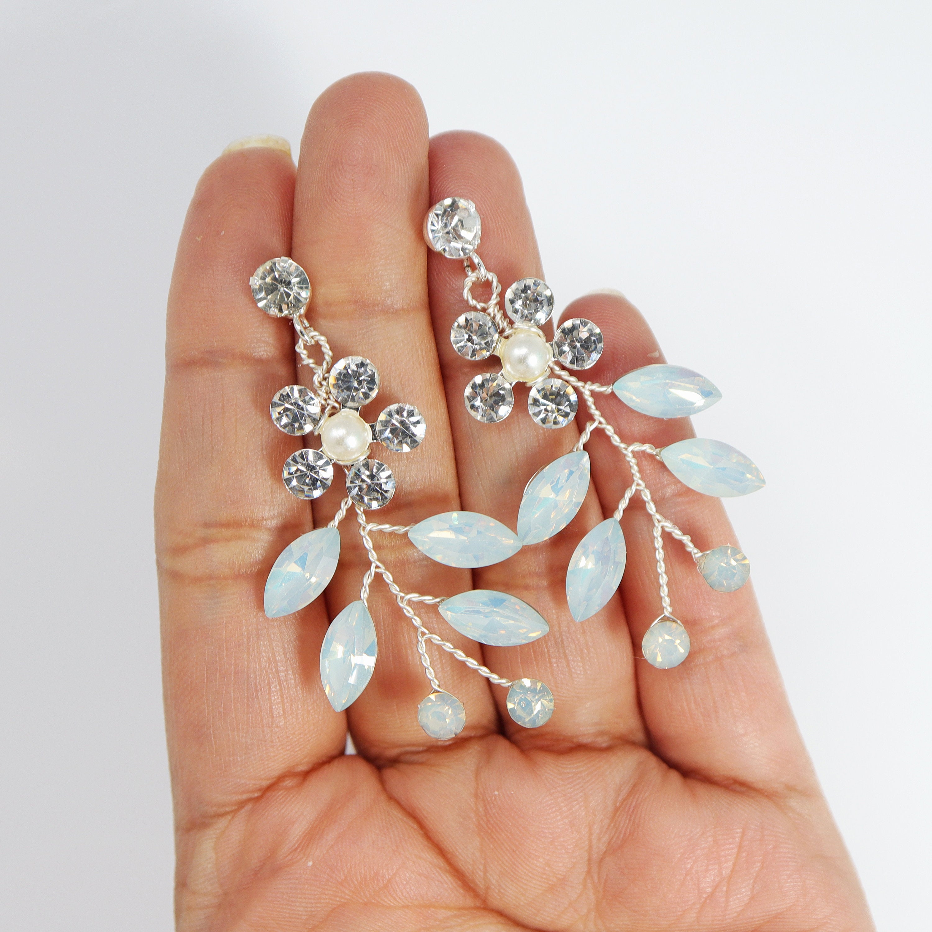 Icy Blue Floral and Opal Leaf Hair Comb, Bridal Haircomb, Statement Haircomb,