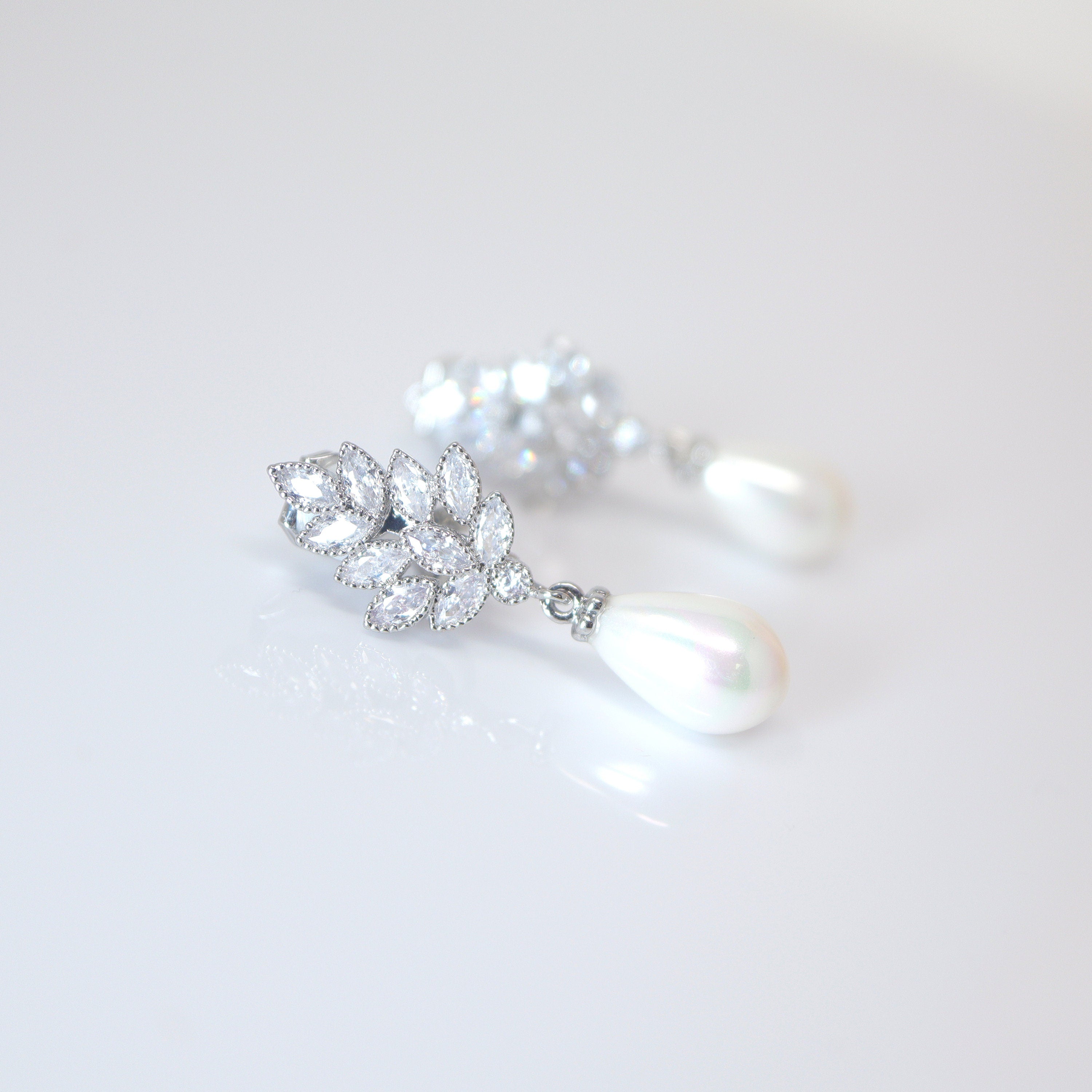 Pearl Adorned Clip-On Bouquet: Floral Pearl Drop Earrings with Elegance, Crystal Bridal Earrings, Statement Earrings Cz