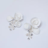 Swarovski Crystal Ceramic White Roses floral Bridal Earring, Bridal Earrings, Dangle earring, Natural Cultured Pearl Earring