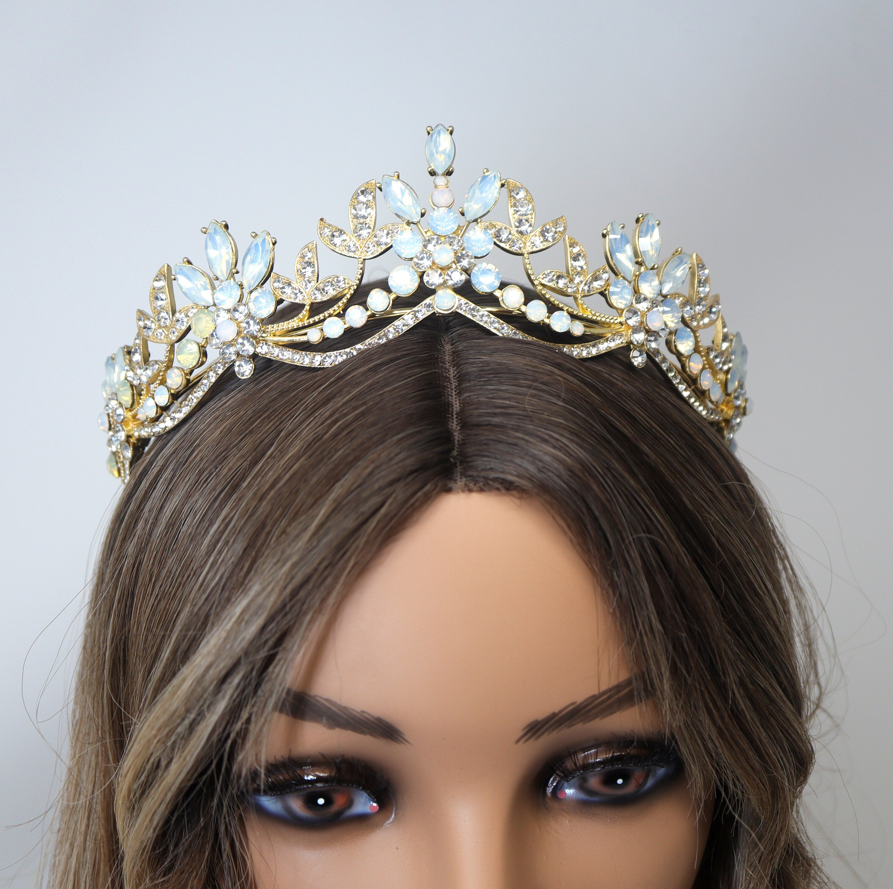 Swarovski Crystal Something Blue Opal Floral Leaves Tiara , Bridal Tiara, Crystal Wedding Tiara, Crystal Wedding Crown, Tiara Bride