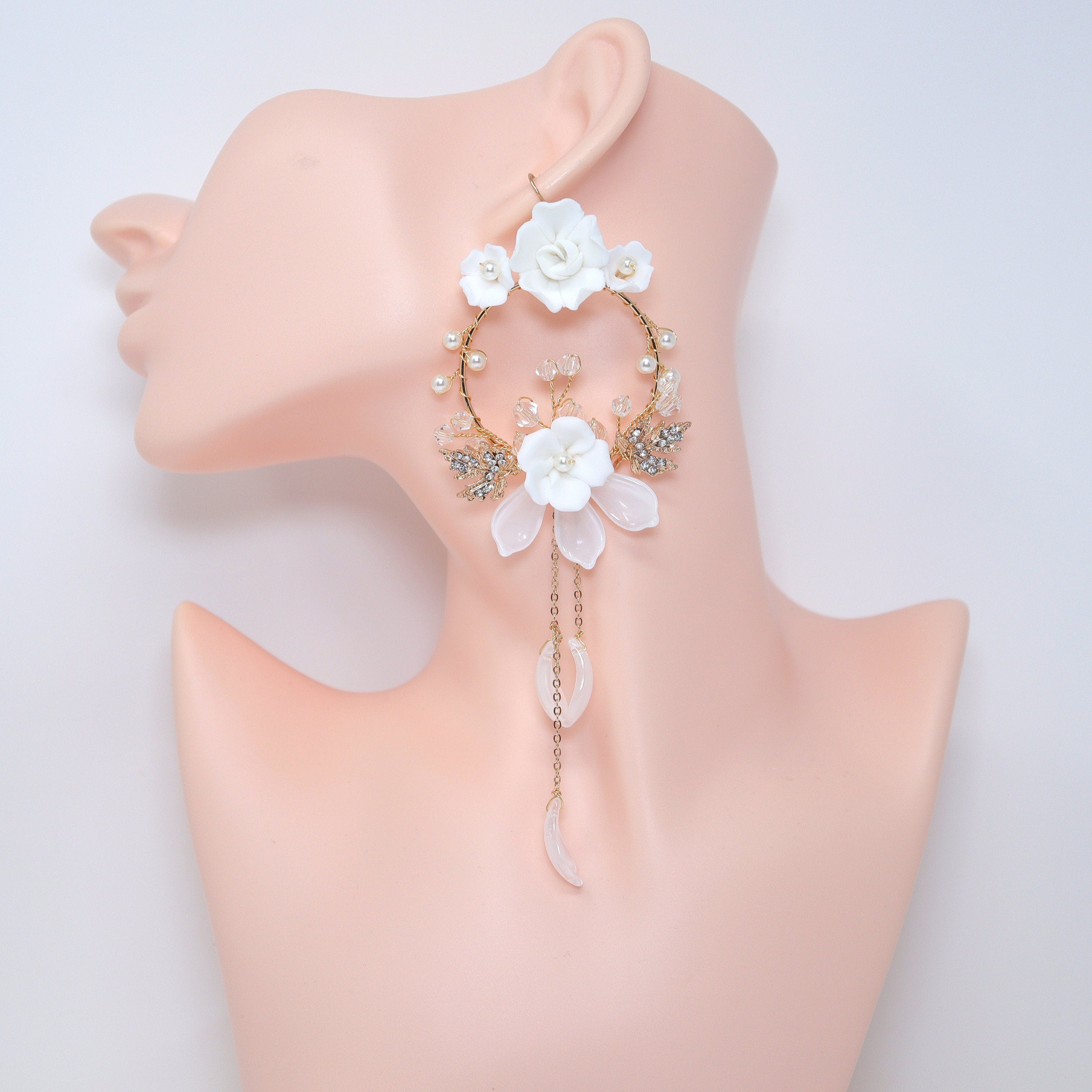 White Floral Vine Chandelier Earrings, Long Bridal Jewelry Bridal Earrings Crystal Bridal Earrings Statement Earrings Cz