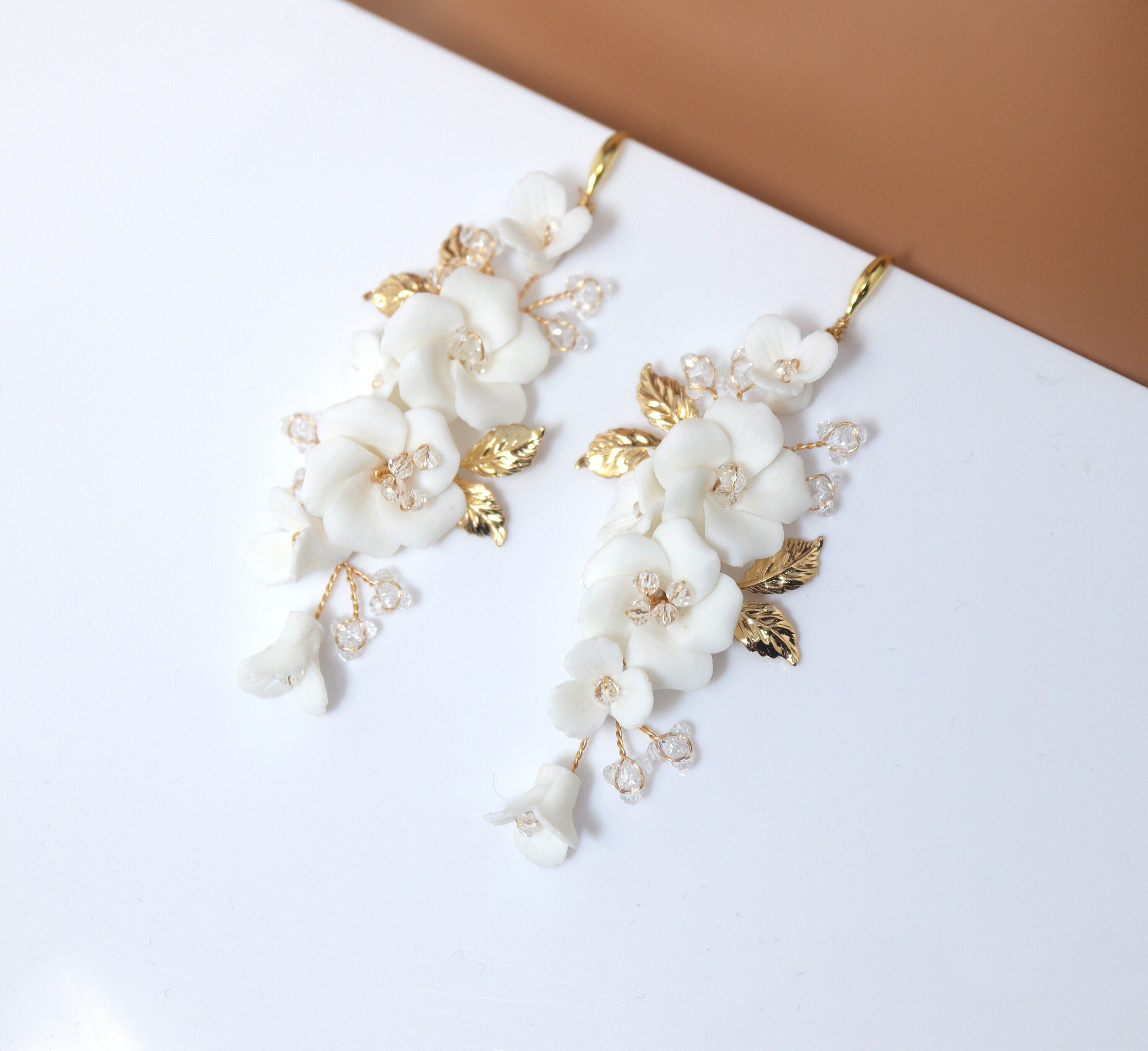 Porcelain Ceramic White Flower Sparkling Crystal Long Bridal Jewelry Crystal Bridal Earrings Statement Earrings Cz