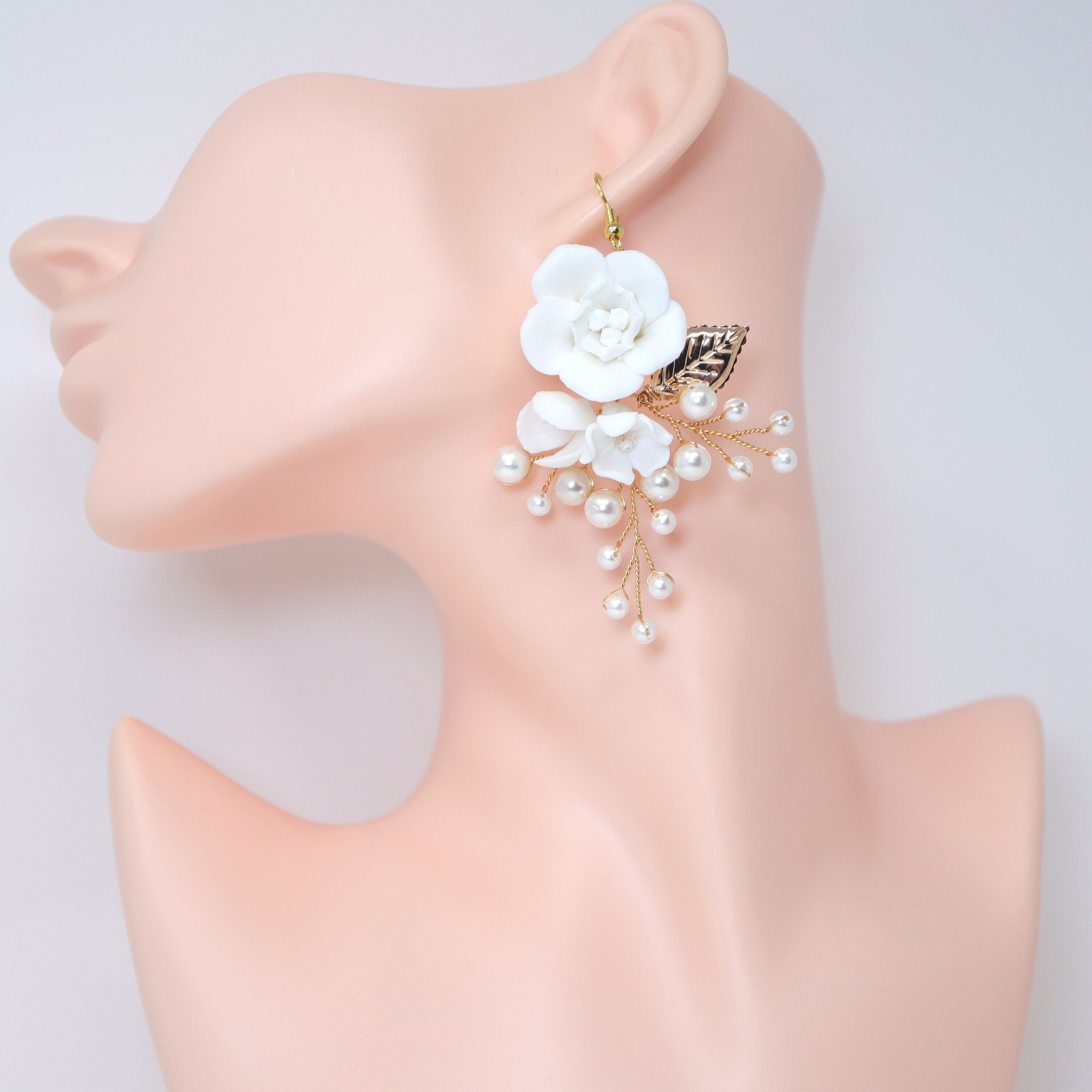 Ceramic White Rose floral Pearl Vine Bridal Earring, Bridal Earrings, Dangle earring, Natural Cultured Pearl Earring