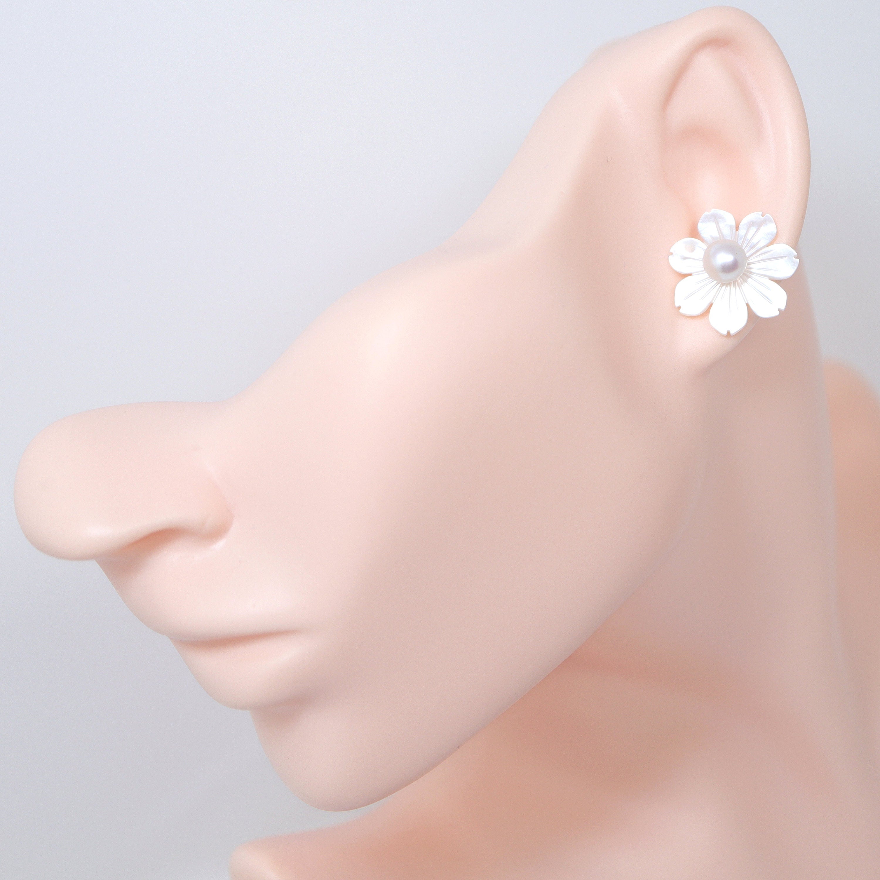 2 in1 Natural Freshwater Pearls With Mother Of Pearl Carved Flower Earrings, Bridal Stud Earrings Pearl Stud Statement Earrings