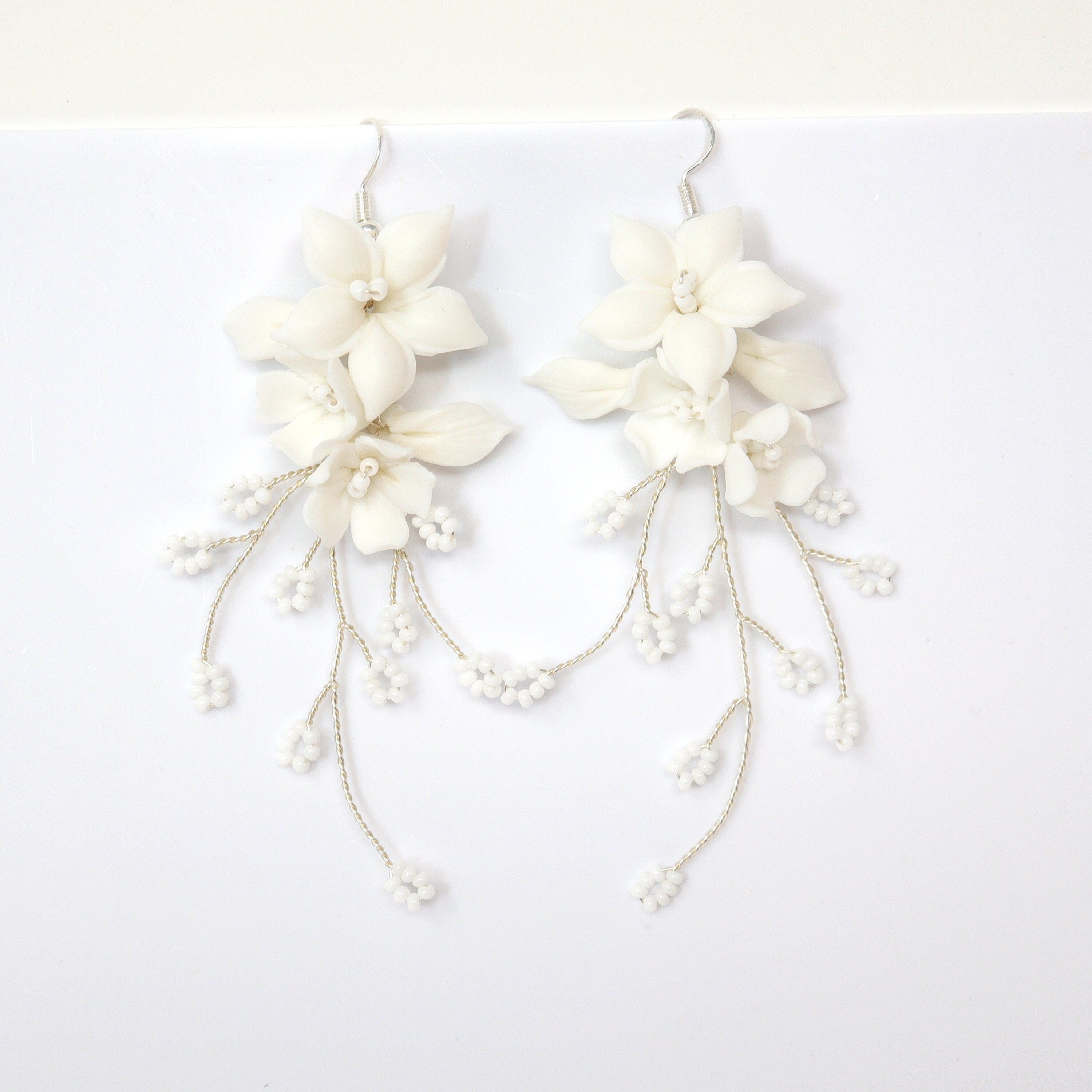 White Flower Floral Vine Earrings, Long Bridal Jewelry Bridal Earrings Crystal Bridal Earrings Statement Earrings Cz