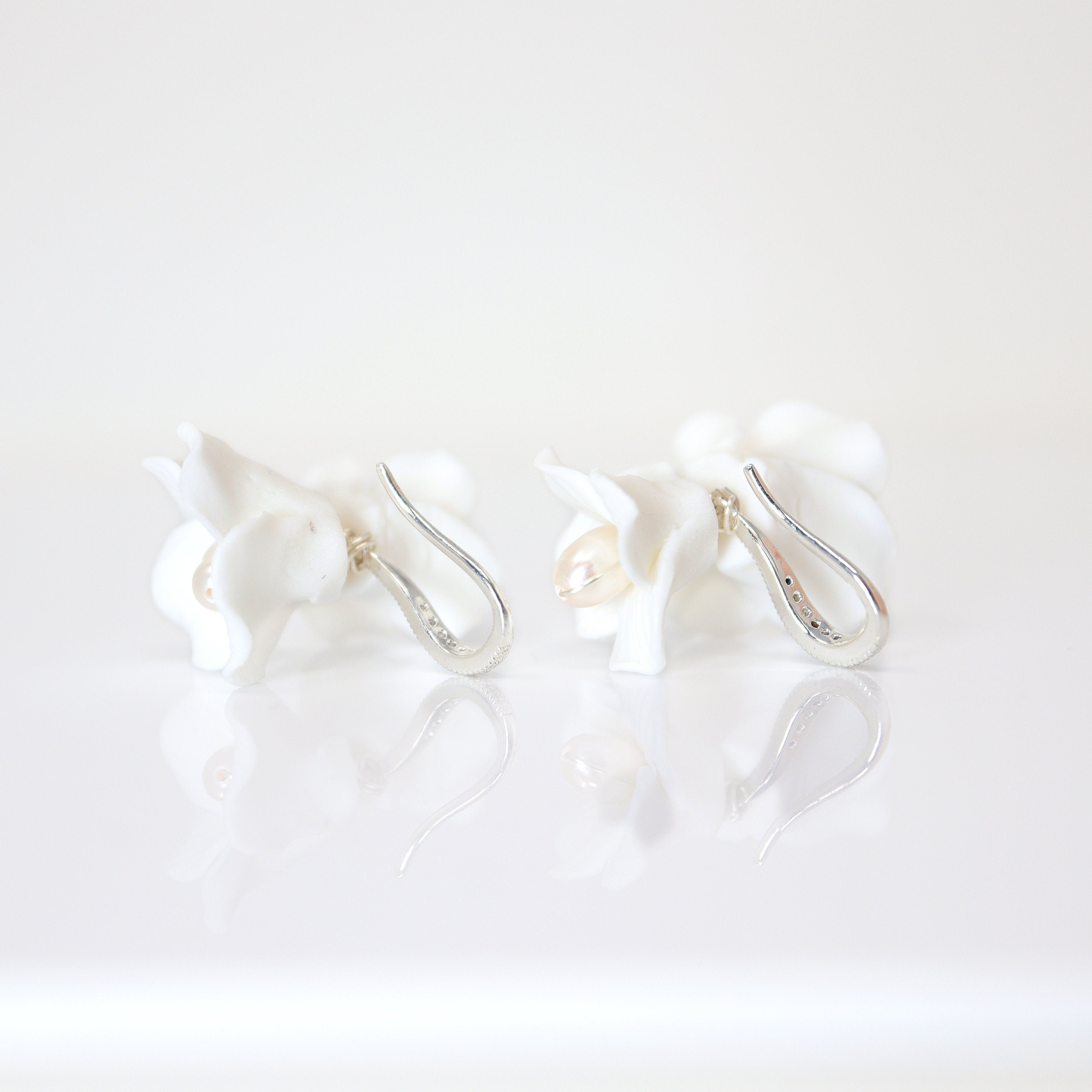 Freshwater Cultured Pearl Ceramic White Two Flower Hook Rhinestone Earrings, Long Bridal Earring, Pearl Bridal Earrings, Statement Earrings.