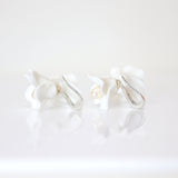 Freshwater Cultured Pearl Ceramic White Two Flower Hook Rhinestone Earrings, Long Bridal Earring, Pearl Bridal Earrings, Statement Earrings.