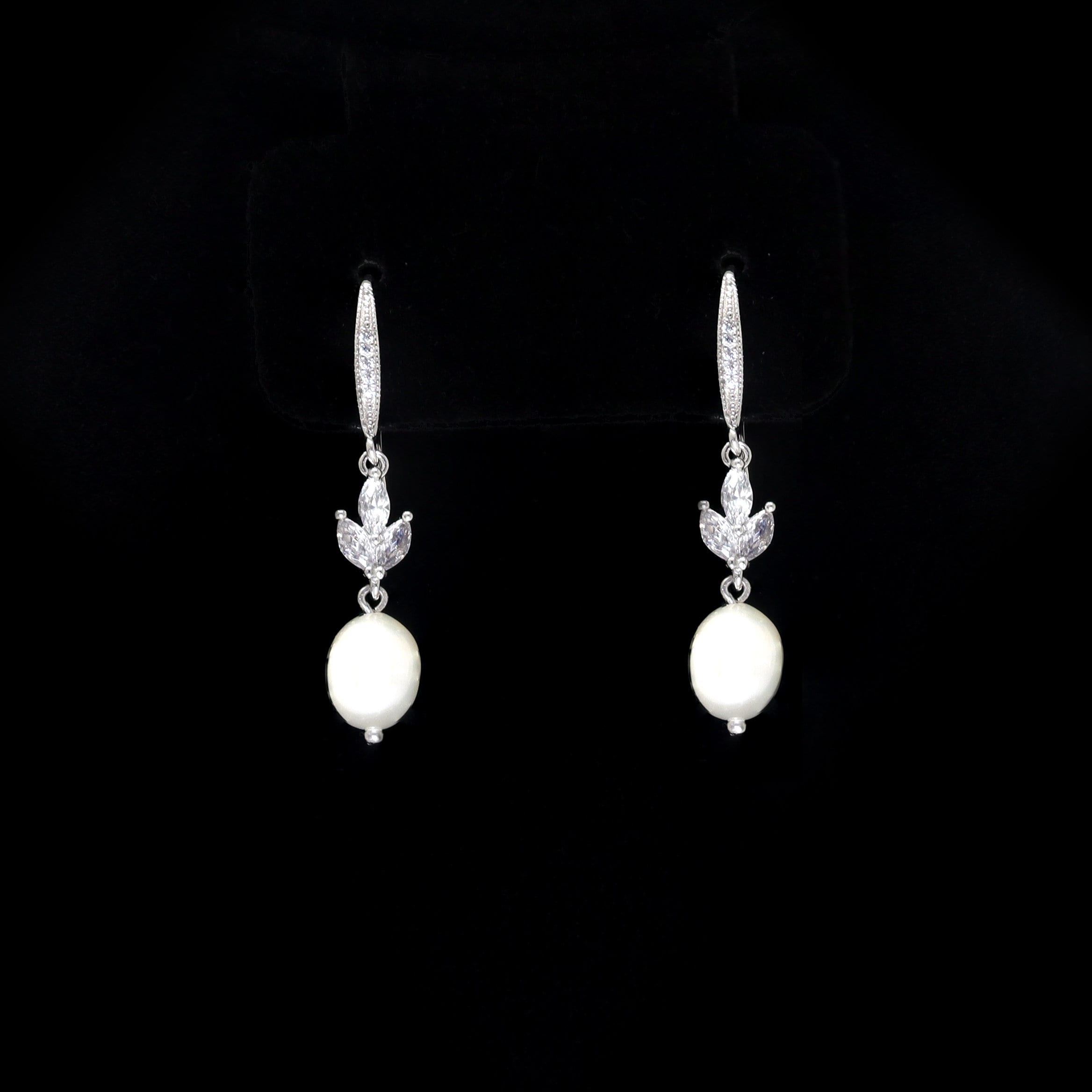 Swarovski Crystal Freshwater Natural Pearl Vine Leaves Necklace Set, Long Bridal Earrings And Necklace, Statement Earrings Cz