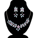 Pink and Blue Opal Vine Leaves Necklace set , Long Bridal Jewelry Crystal Necklace Bridal Earrings Statement Earrings