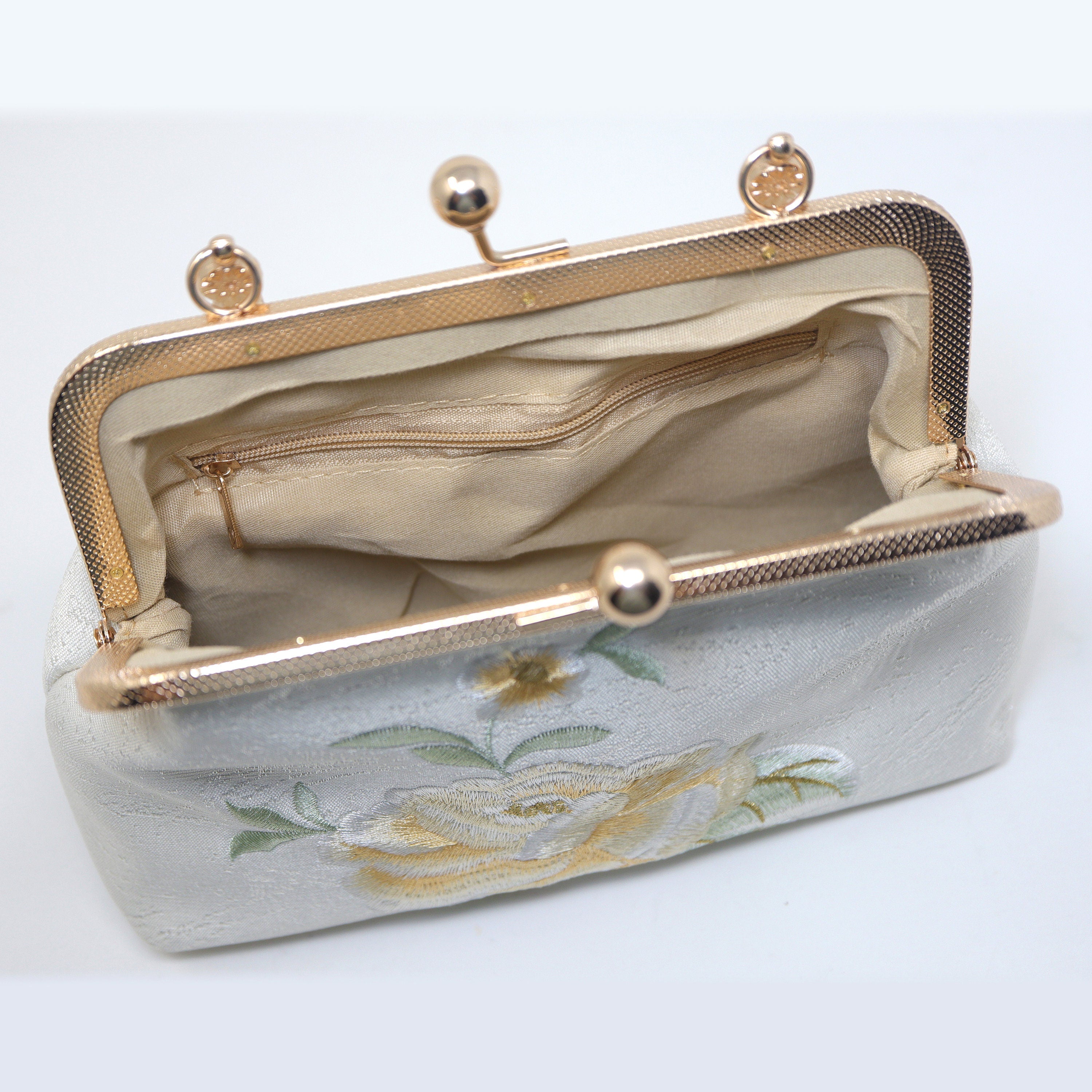 Cream Beige Gold Embroidered Rose Floral Wedding Bag, Statement Bag, Evening Clutch, Wedding Clutch, Bridal Clutch, White Cross Body Bag