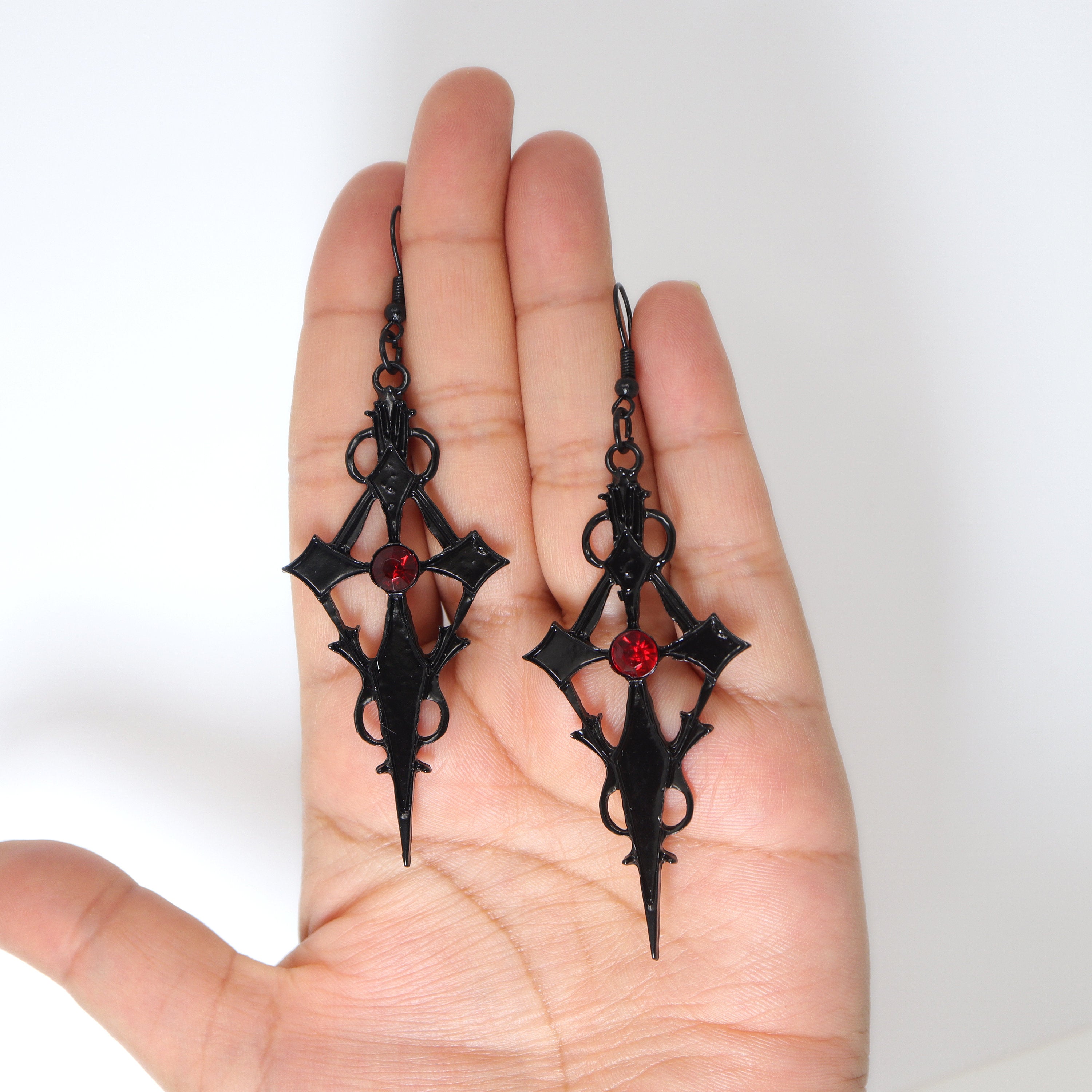 Rhinestone Red Black Cross Halloween Earrings, Long Cross Halloween Earrings, Scary Statement earrings.