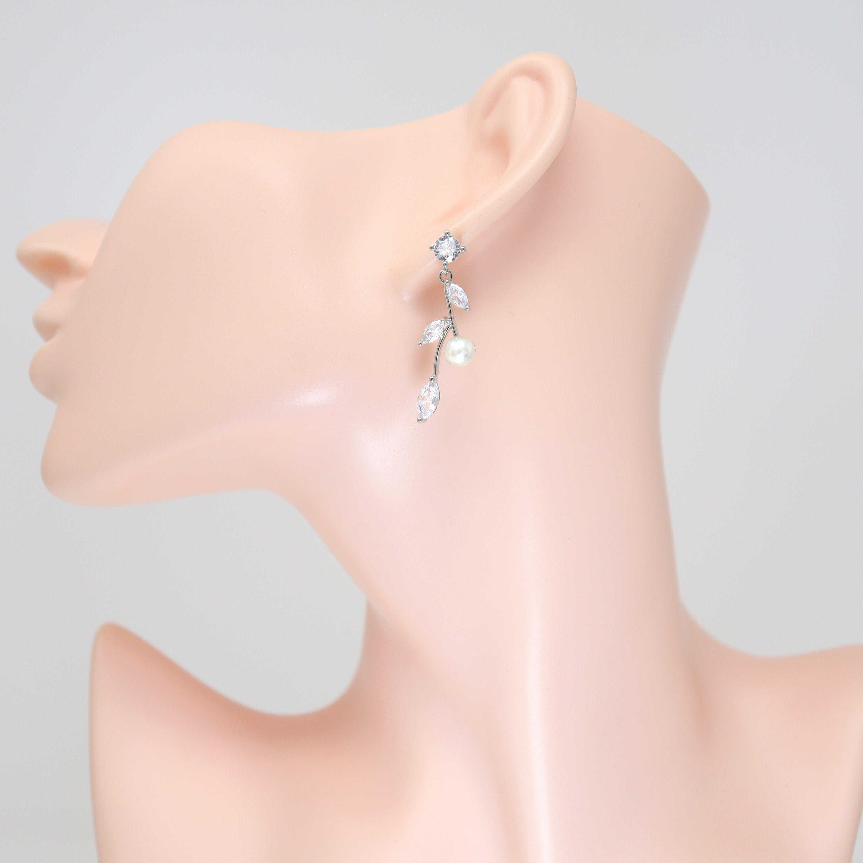 CZ Pearl Bloom Floral Vine Leaves Bridal Necklace Set, Long Bridal Jewelry, Bridal Earrings And Necklace, Statement Earrings Necklace Set.