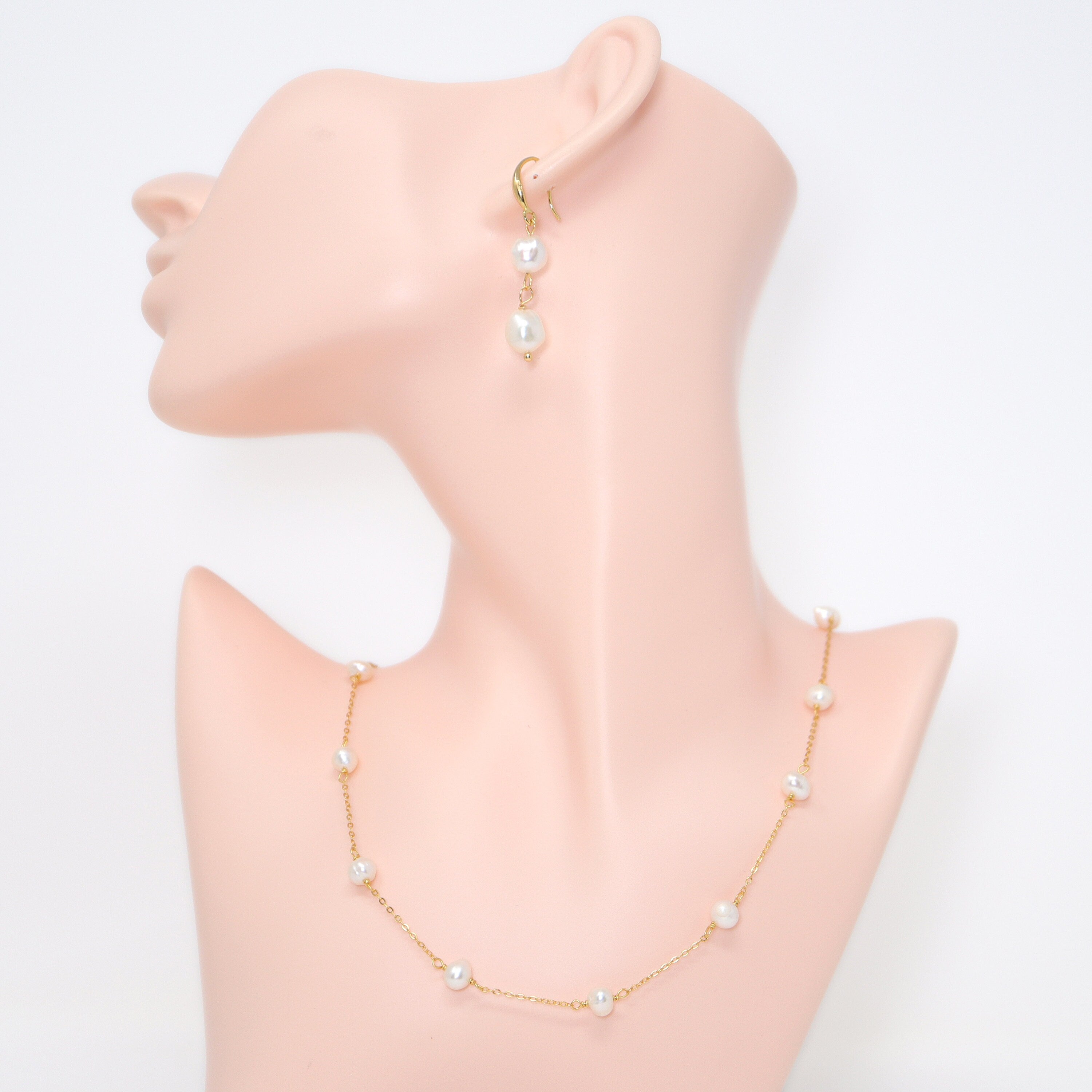 14k Gold Plated Real Natural Pearl Bezels Necklace set , Long Bridal Jewelry, Dainty Pearl Necklace Bridal Earrings Statement Earrings