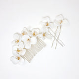 Ceramic White Flowers Freshwater Pearl Gold Hair comb And Hair Pins Set, Bridal Hair piece, Bridal Hair Accessories, Wedding Hair Accessory.