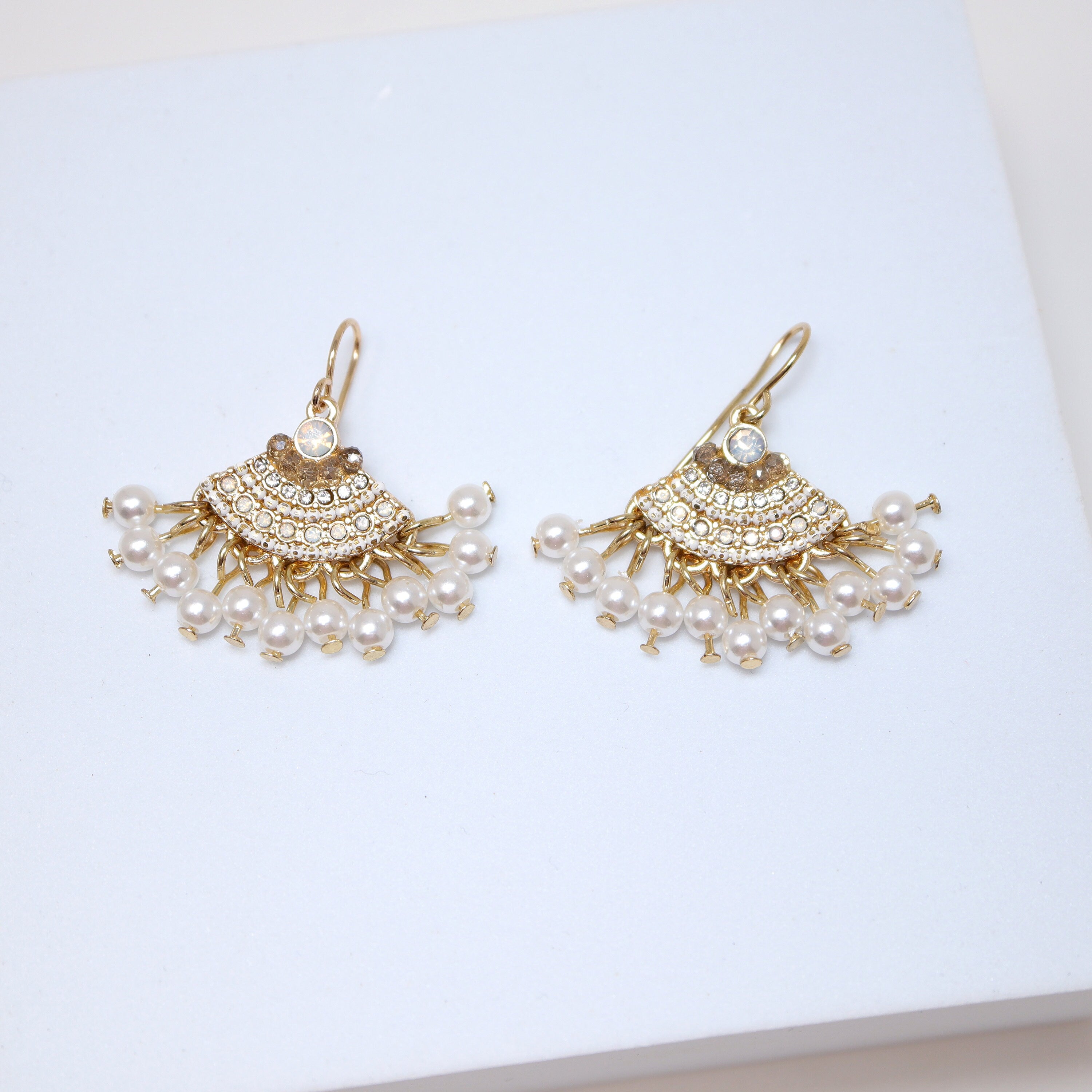 Gold Opal Faux Pearl Drop Boho Bridal Earrings, Crystal Bridal Earrings, Statement Earrings Czrovski Crystal-Encrusted