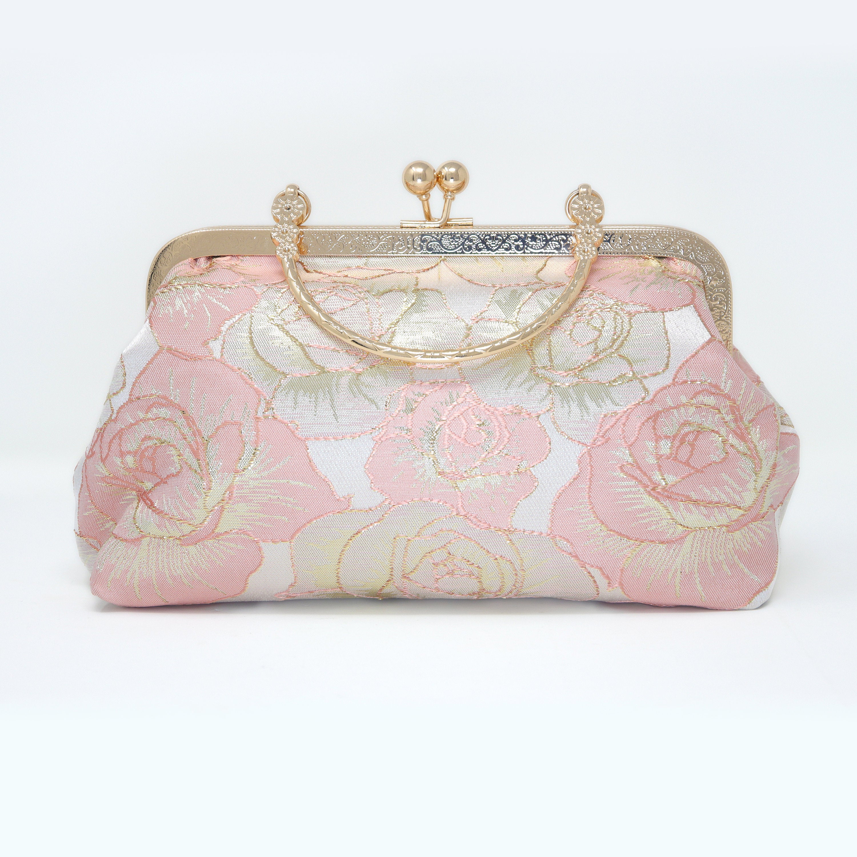 Light Pink Shimmering Gold Rose Floral Wedding Bag, Statement Bag, Evening Clutch, Wedding Clutch, Bridal Clutch, White Cross Body Bag