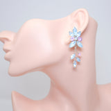 Pink and Blue Opal Vine Leaves Necklace set , Long Bridal Jewelry Crystal Necklace Bridal Earrings Statement Earrings