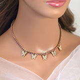 Gold Pink Rhinestone Butterfly Choker Necklace• Butterfly Drop Necklace • Minimalist • Gold Butterfly Necklace