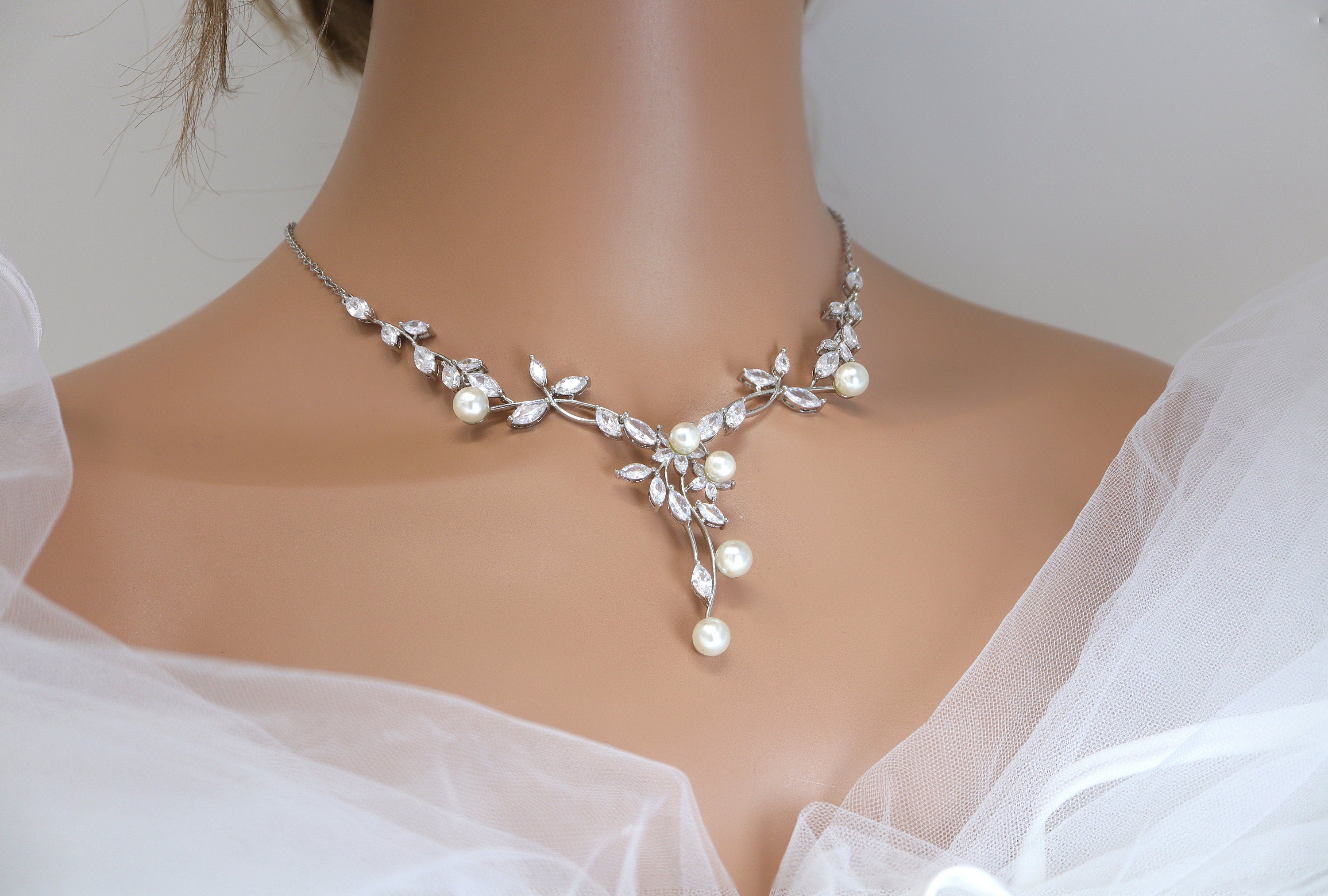 CZ Pearl Bloom Floral Vine Leaves Bridal Necklace Set, Long Bridal Jewelry, Bridal Earrings And Necklace, Statement Earrings Necklace Set.