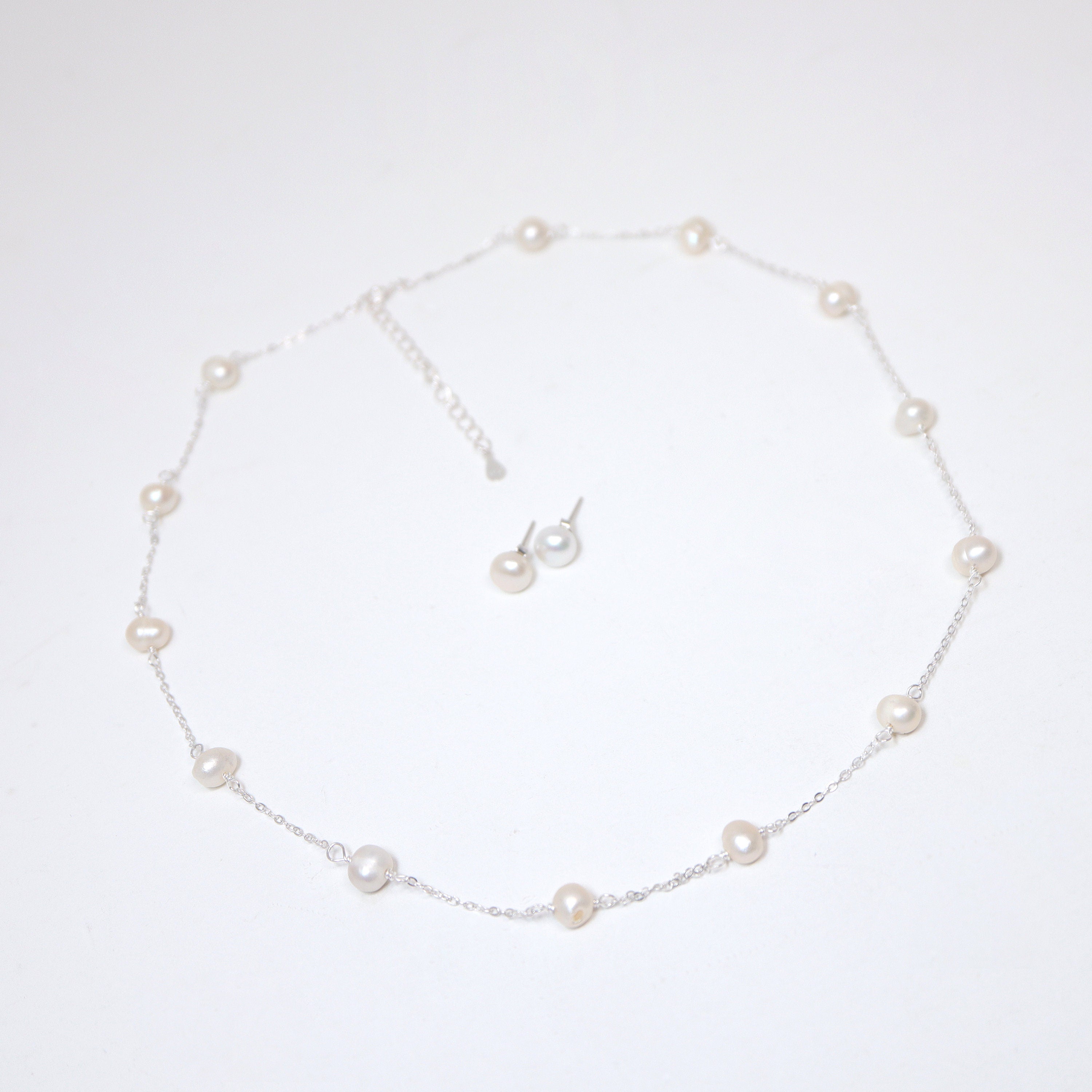 925 Sterling Silver Real Natural Pearl Bezels Necklace set , Long Bridal Jewelry, Dainty Pearl Necklace Bridal Earrings Statement Earrings