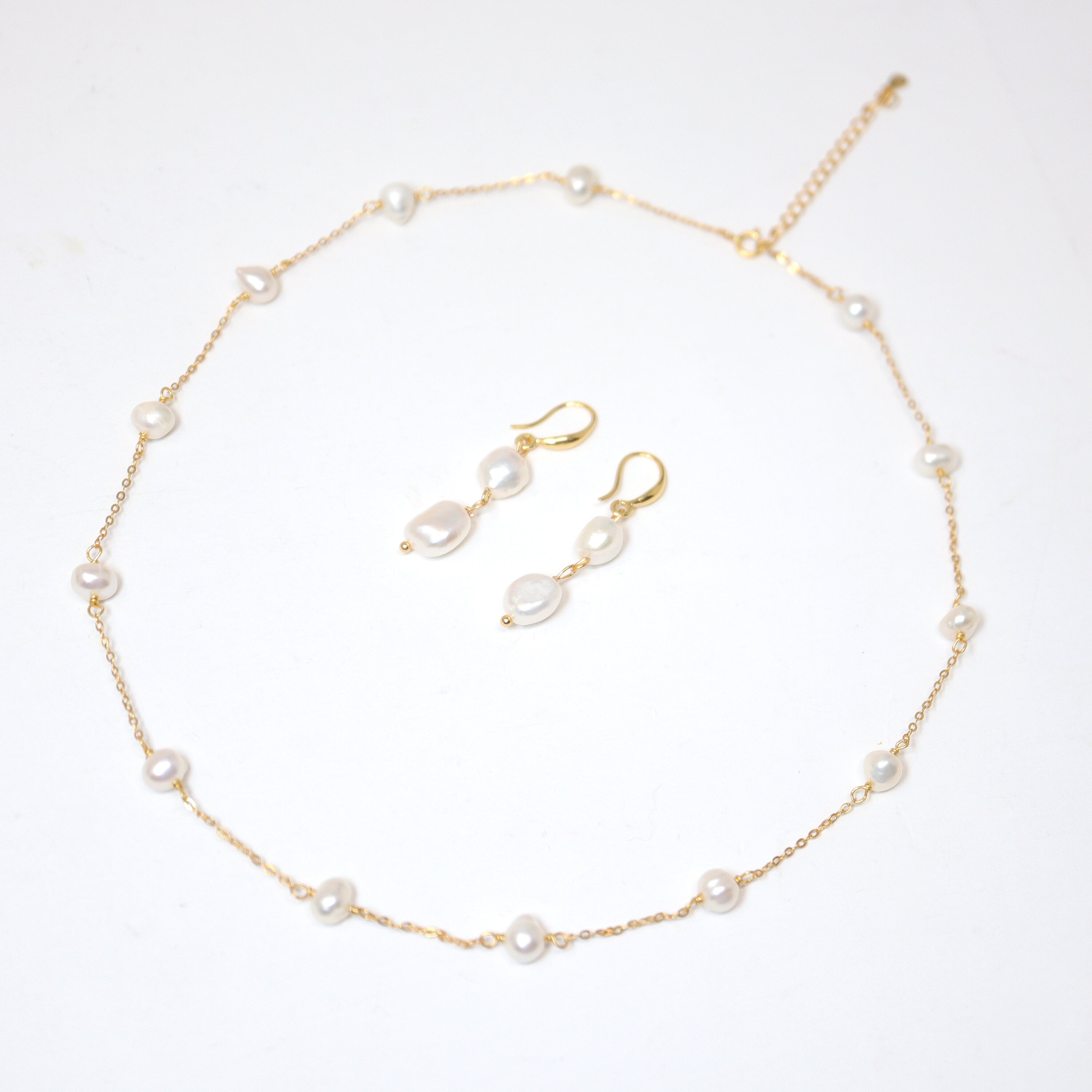 14k Gold Plated Real Natural Pearl Bezels Necklace set , Long Bridal Jewelry, Dainty Pearl Necklace Bridal Earrings Statement Earrings