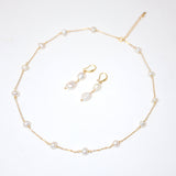 14k Gold Plated Real Natural Pearl Bezels Necklace set , Long Bridal Jewelry, Dainty Pearl Necklace Bridal Earrings Statement Earrings