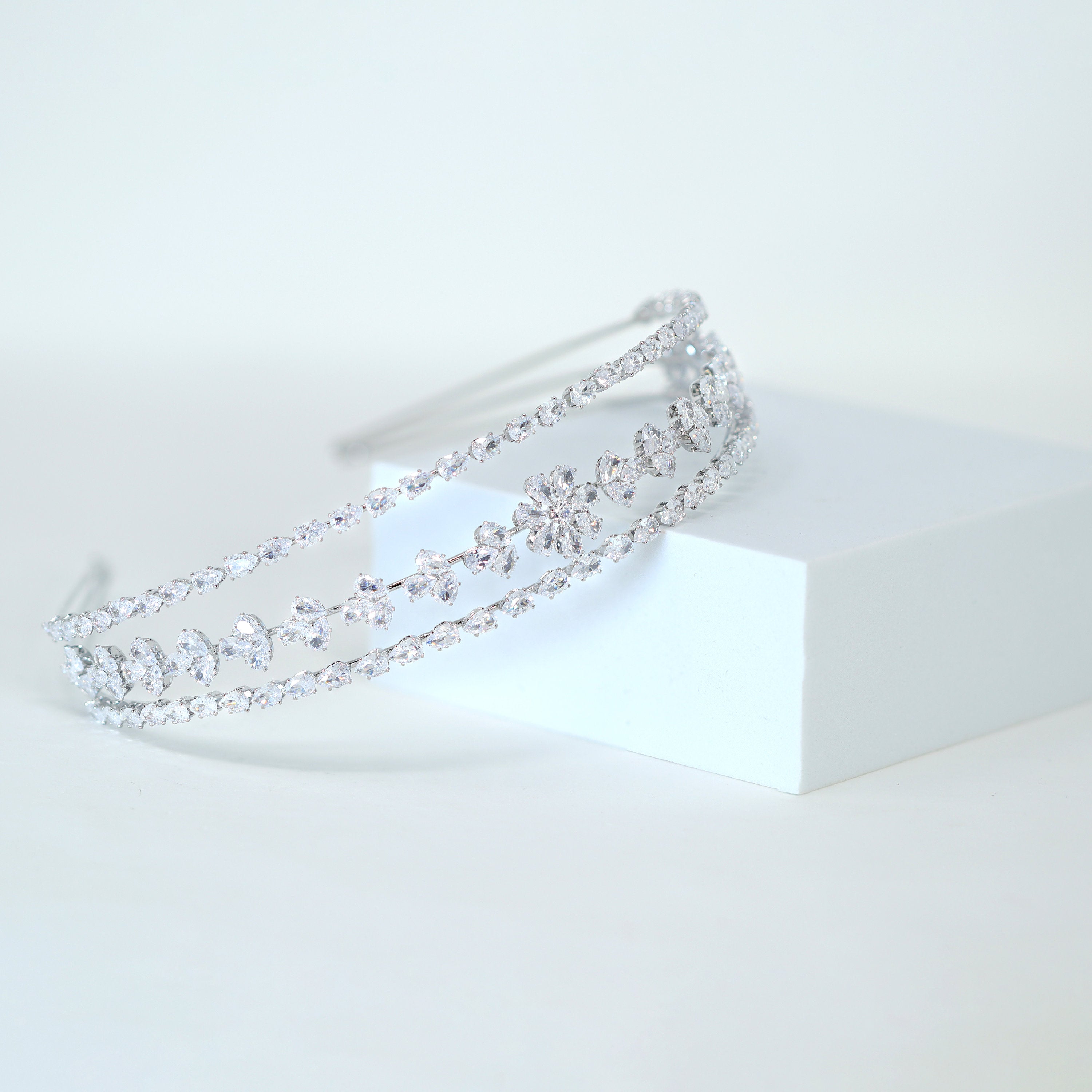 Swarovski Crystals Floral Vine Leaves Three Layer Silver Headband, Hair Vine Headband, Bridal Hair, Rhinestone Headband, Delicate Headband.