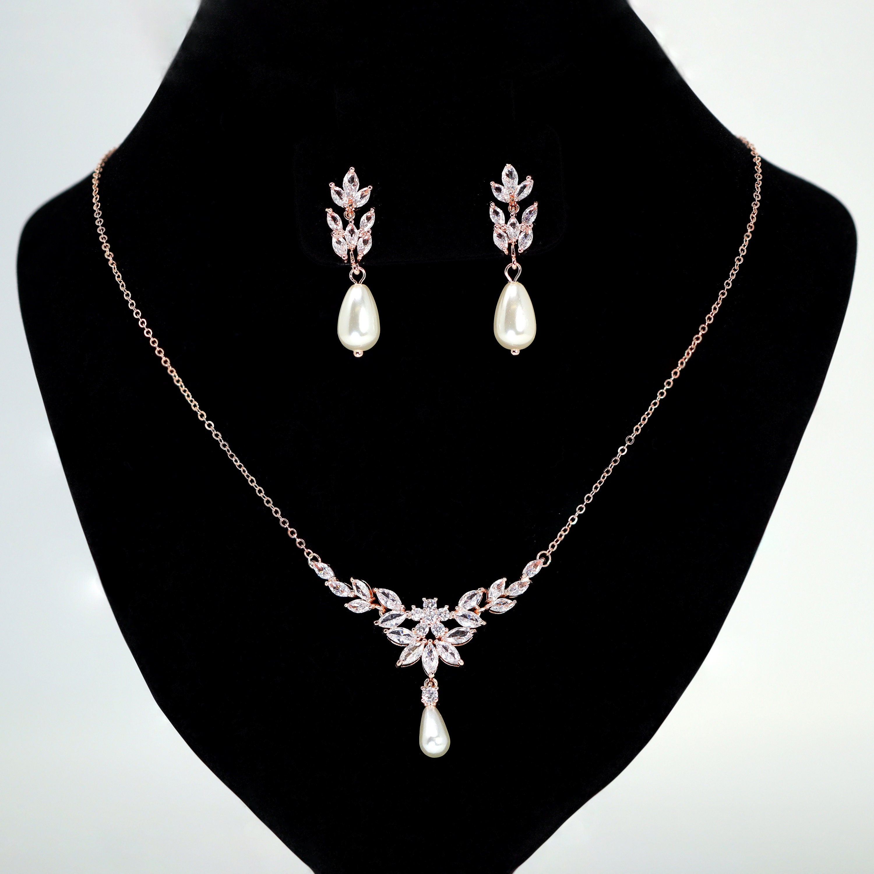 Swarovski Crystal Faux Pearl Drop Vine Leaves Necklace Set, Long Bridal Earrings And Necklace, Statement Earrings Cz