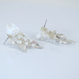 Natural Cultured Freshwater Pearl Ceramic White Flower Long Leaves Earrings, Long Bridal Jewelry Crystal Bridal Earrings Statement Earrings