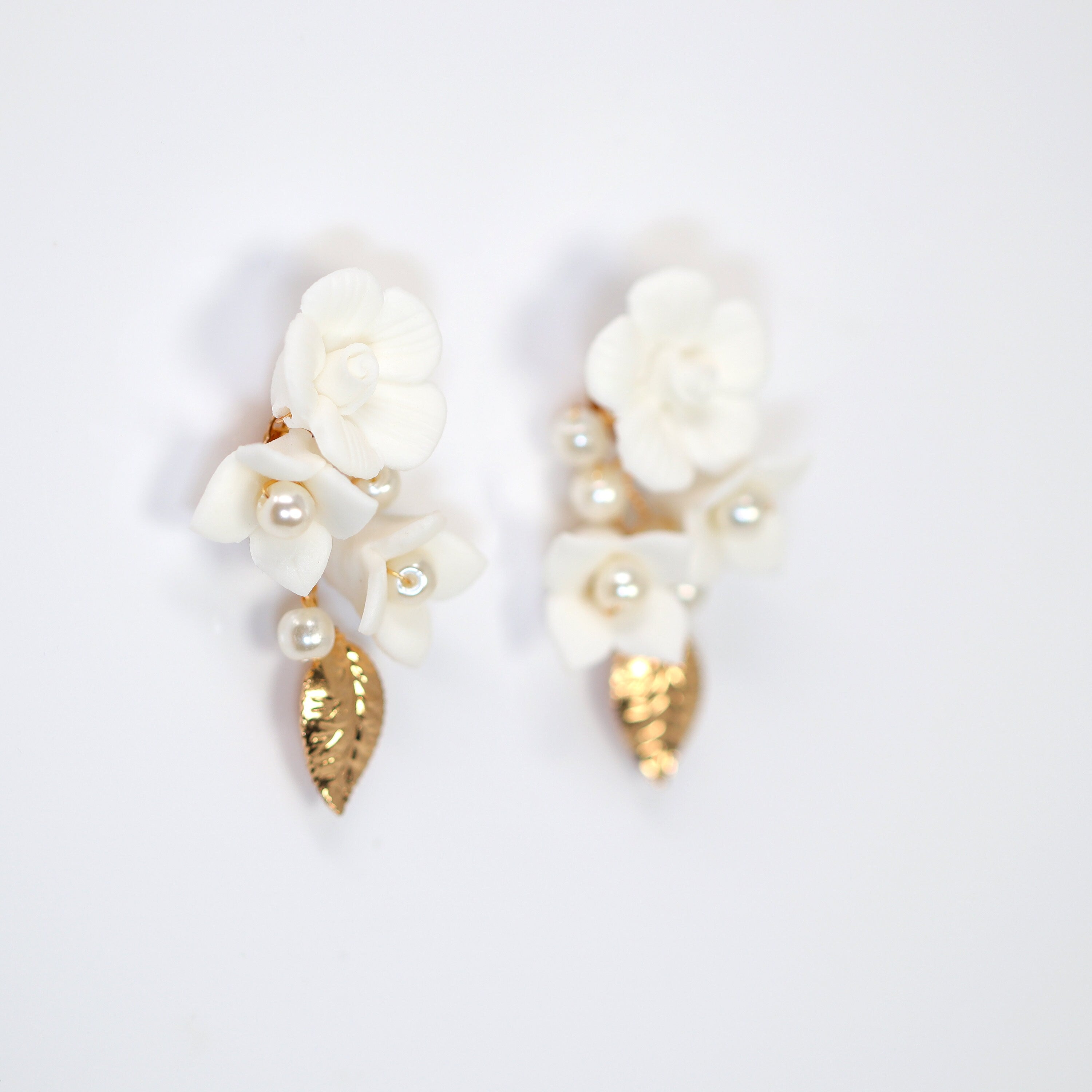 Ceramic Rosette White Flower Faux Pearl Vine Leaves Earrings, Long Bridal Jewelry Crystal Bridal Earrings Statement Earrings