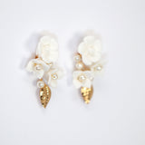Ceramic Rosette White Flower Faux Pearl Vine Leaves Earrings, Long Bridal Jewelry Crystal Bridal Earrings Statement Earrings
