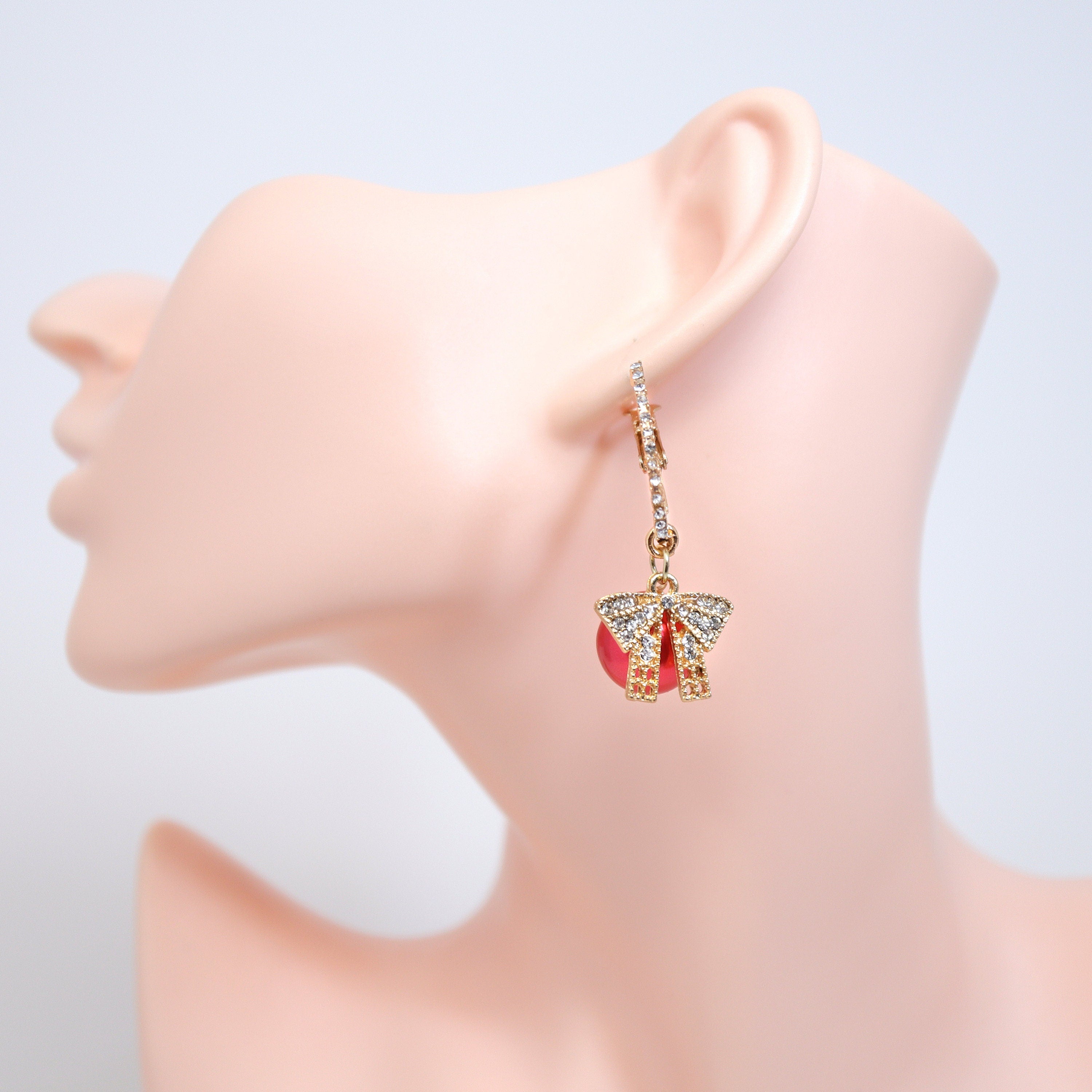 Golden Holiday Bow Red Drop Christmas Themed earrings, Red Gold Christmas Earrings Statement Christmas earrings.