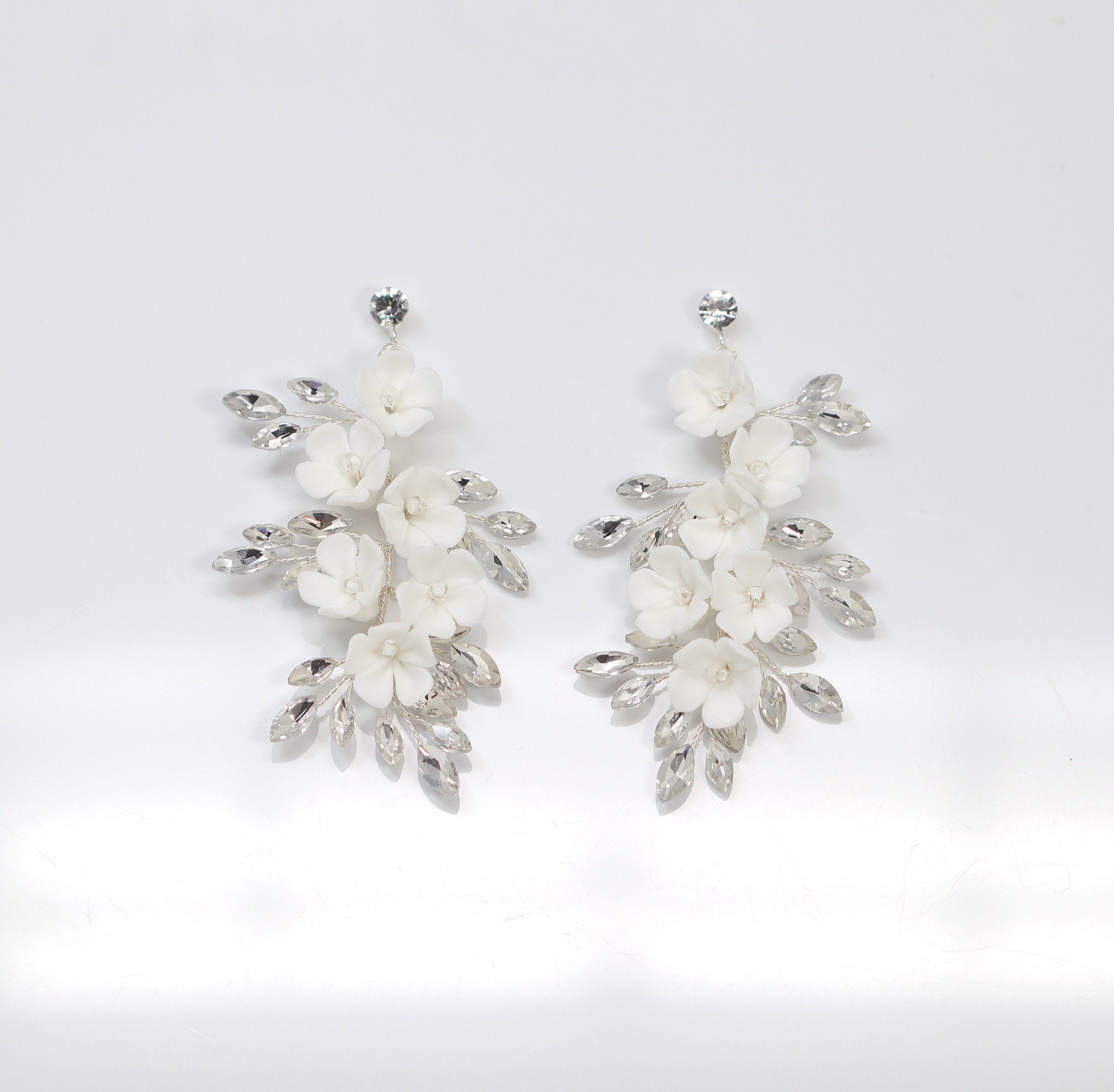 Swarovski Crystal Porcelain White Floral Dreams Vine Leaves Earring Long Bridal Jewelry Opal Bridal Earrings Opal Statement Earrings