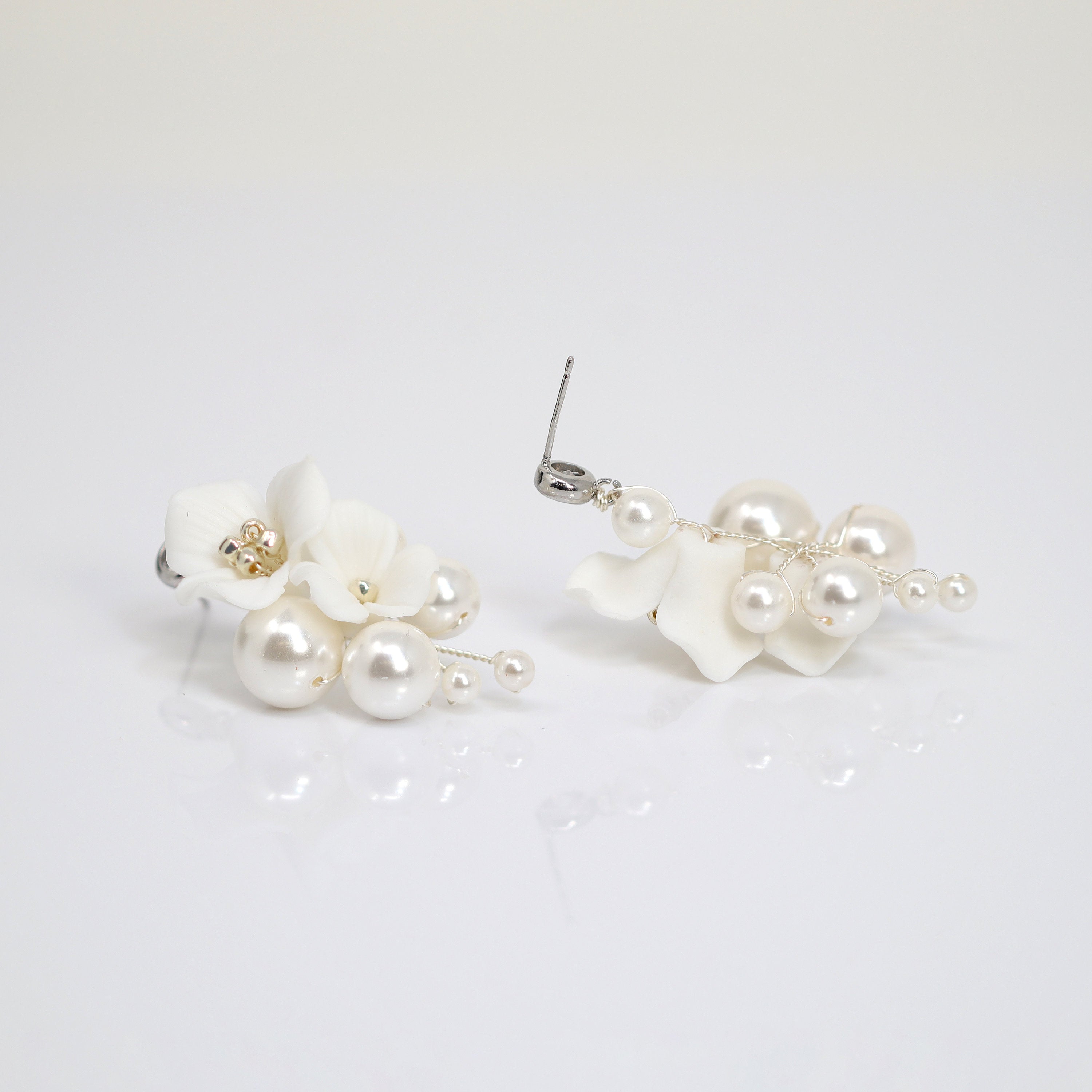 Pearl Dusted White Orchid Blossom Earring , Bridal Ceramic Rose Earring, Bridal Hair Accessories, Wedding Earring.