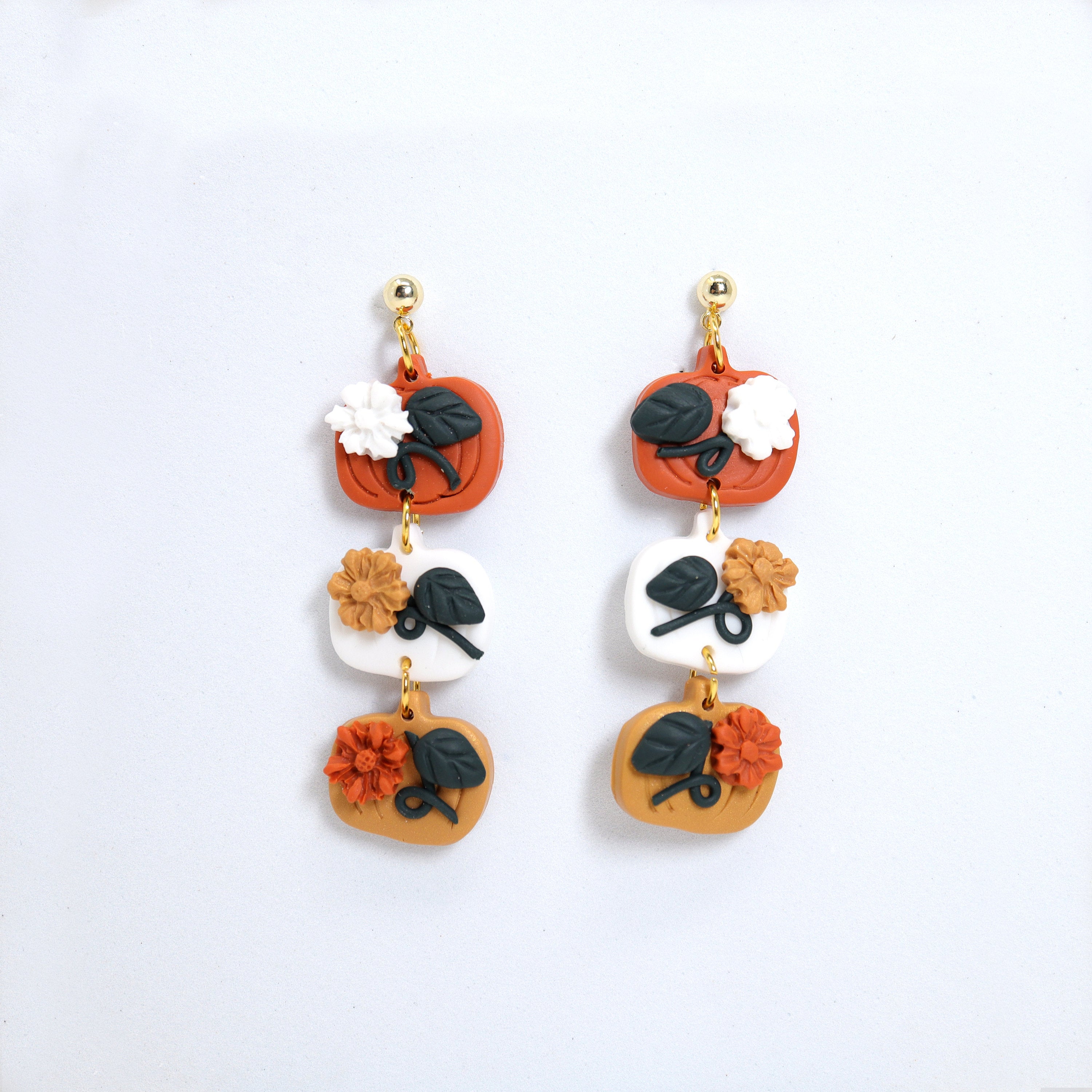 Gold Orange Floral Elegant Pumpkin Drop Halloween Clay Earrings, Long Halloween Earrings, Scary Statement earrings.