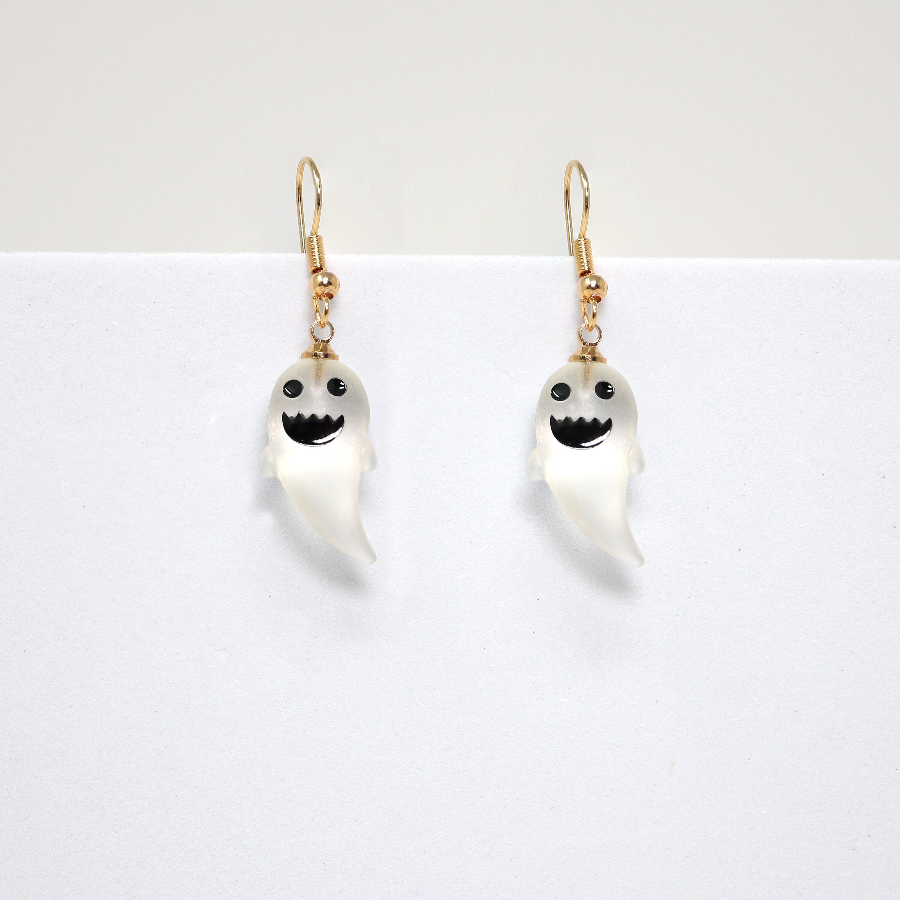 Cute Little Transparent Smiling Ghost Halloween Earrings, Long Halloween Earrings, Scary Statement earrings.