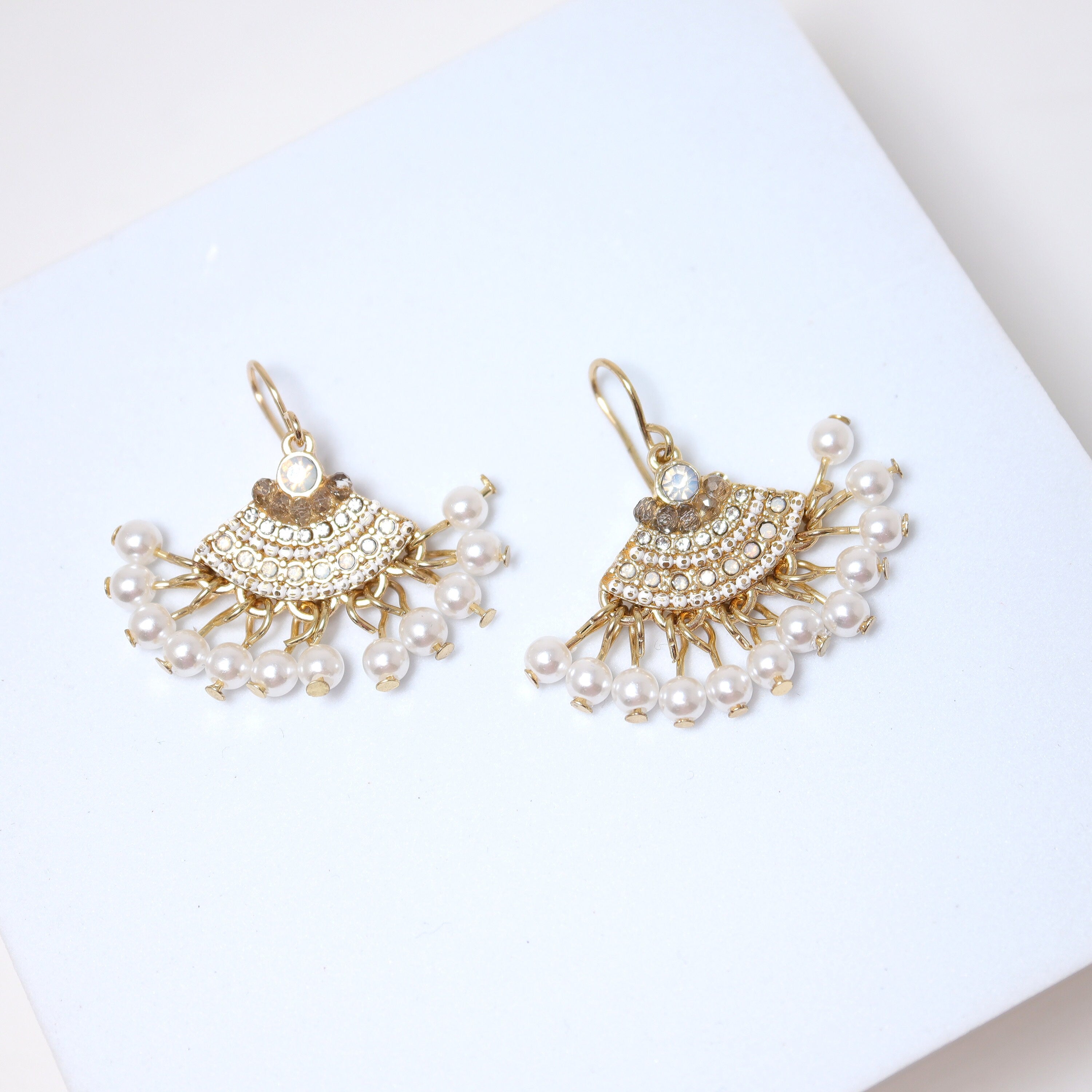 Gold Opal Faux Pearl Drop Boho Bridal Earrings, Crystal Bridal Earrings, Statement Earrings Czrovski Crystal-Encrusted