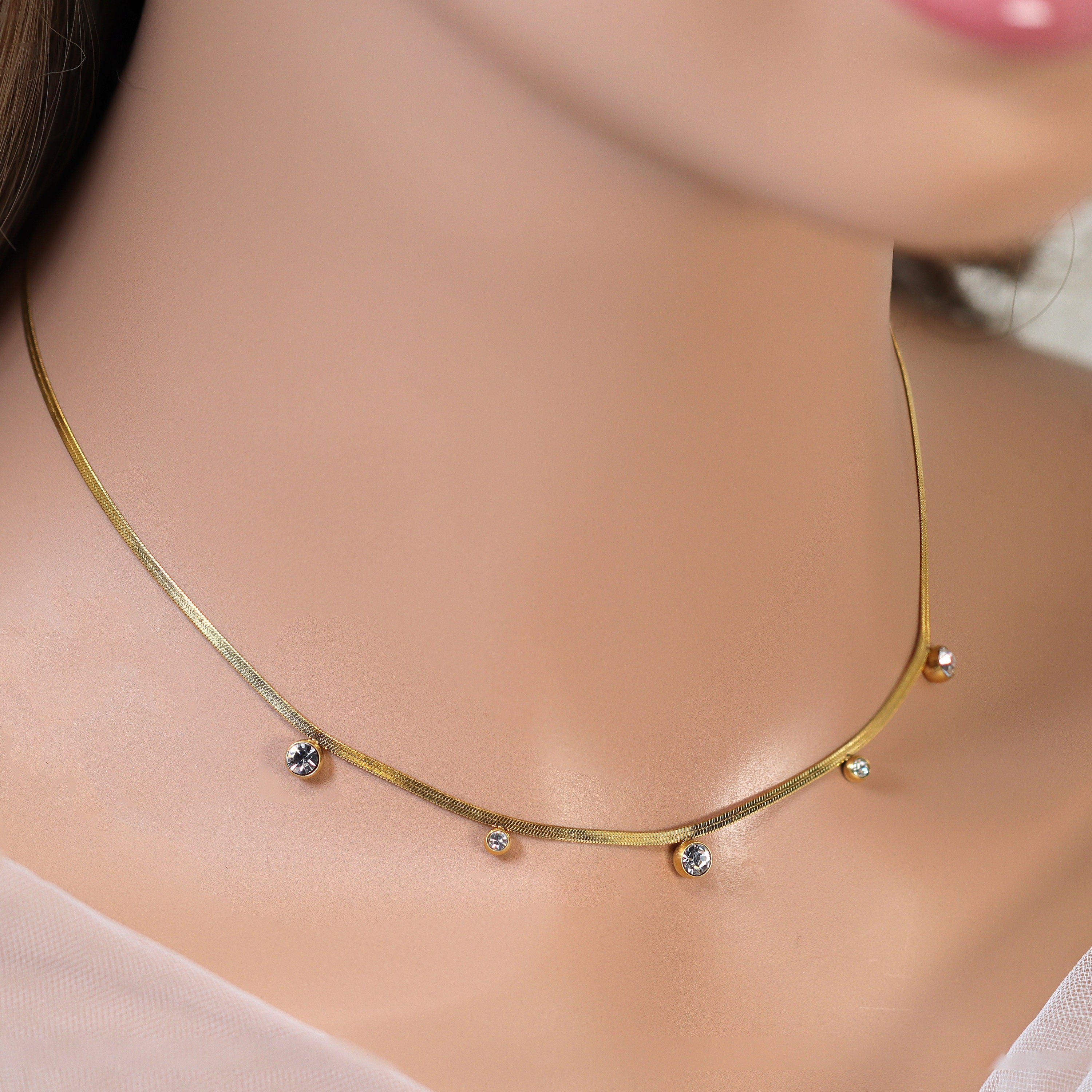 18k Gold Plated Swarovski Crystal Dainty Snake Chain Choker Necklace • Snake Chain Necklace • Minimalist • 14k Dainty Gold Necklace