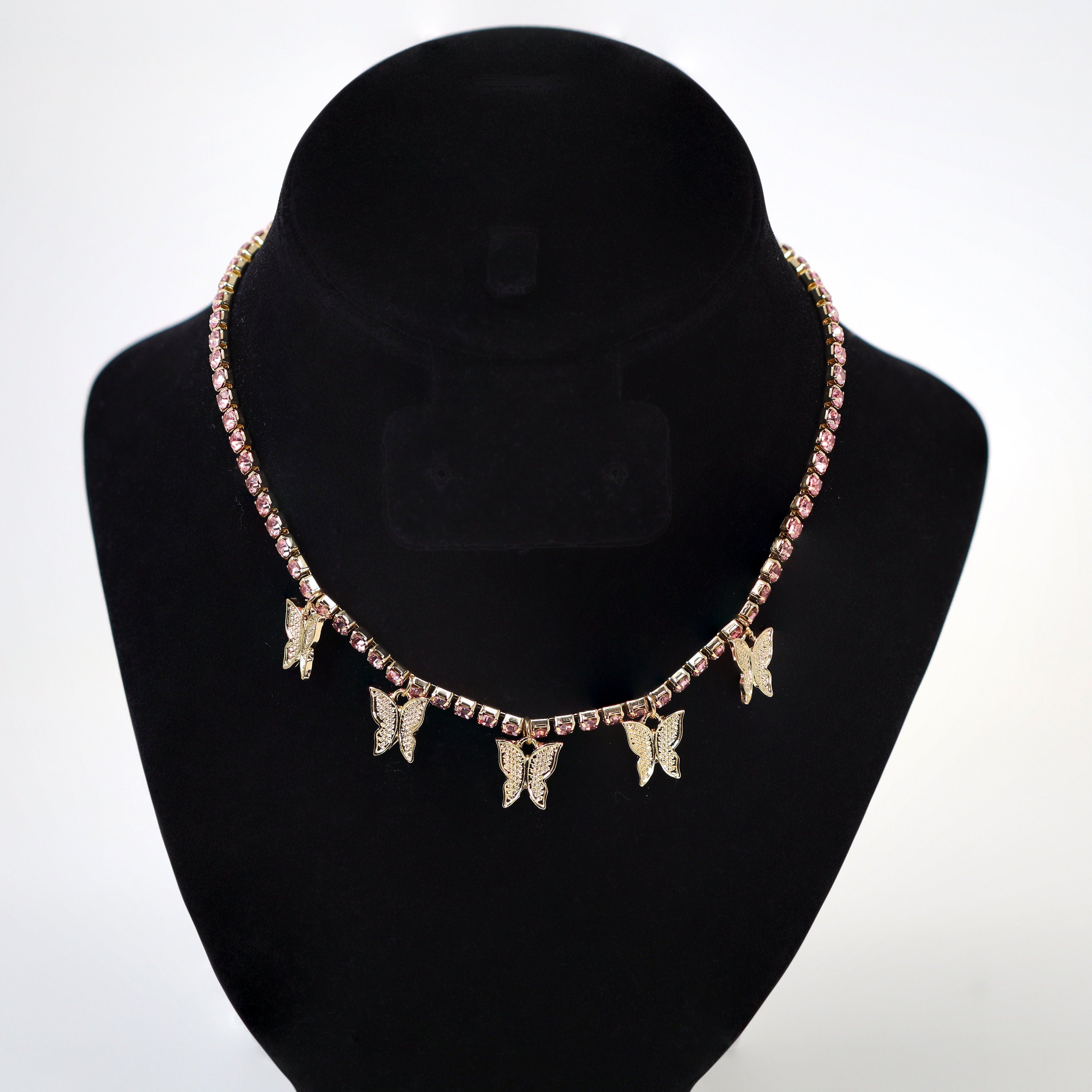 Gold Pink Rhinestone Butterfly Choker Necklace• Butterfly Drop Necklace • Minimalist • Gold Butterfly Necklace