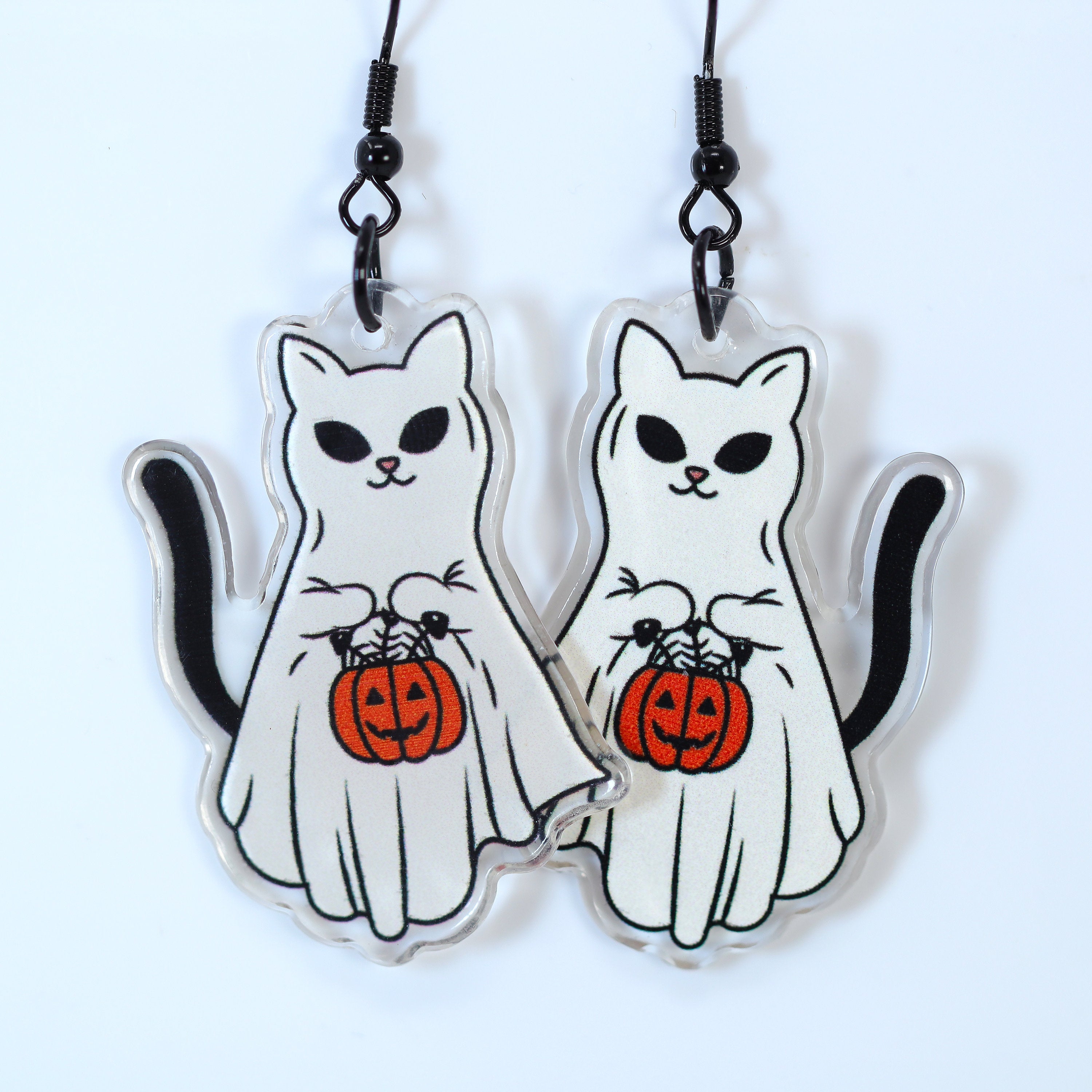 Cute Kitty Trick Or Treat Halloween Earrings, Cat Halloween Earrings, Spooky Pumpkin Statement earrings.